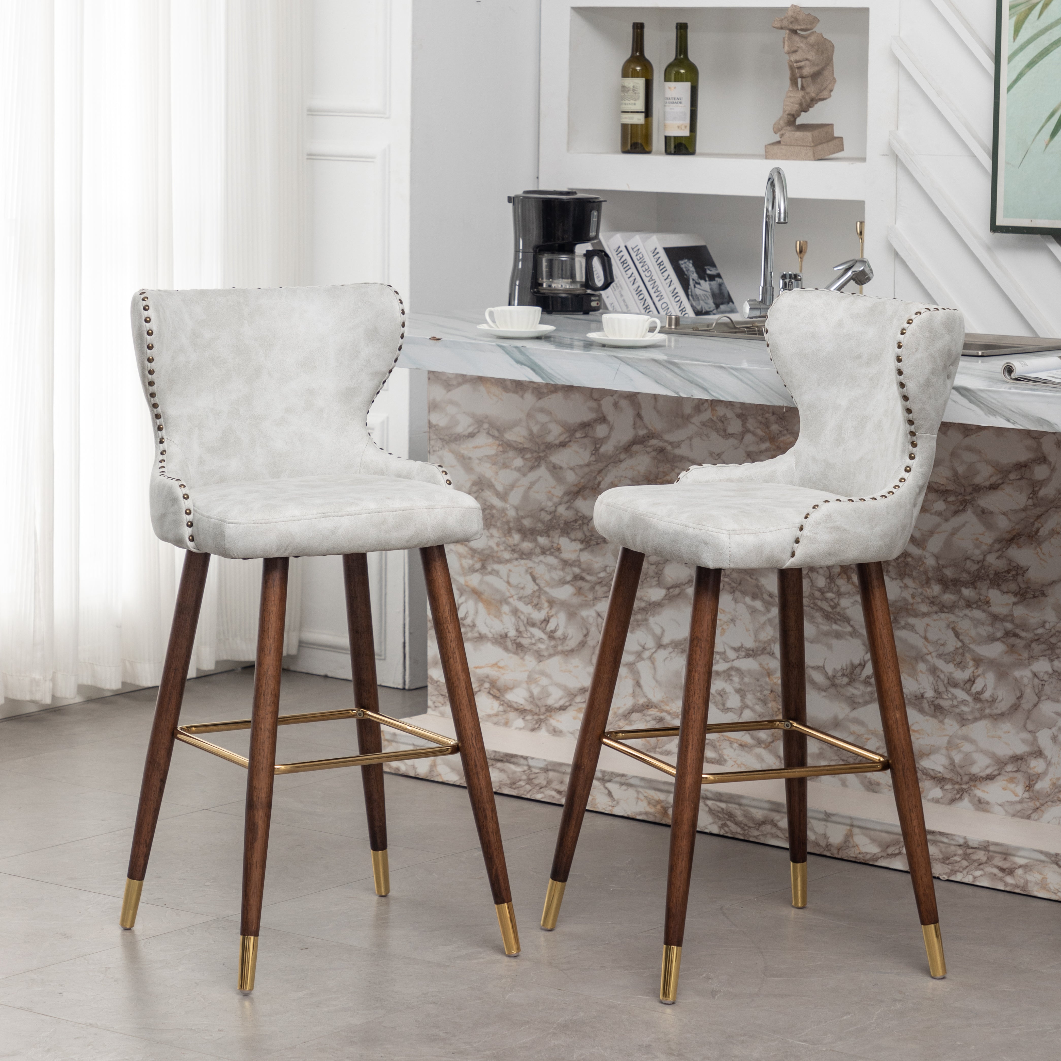 Roundhill Furniture Nevis Mid Century Modern Faux Leather Tufted Bar Stools with Nailhead Trim - Set of 2 White Barstools for Kitchen Island, Breakfast Nook & Home Bar Decor