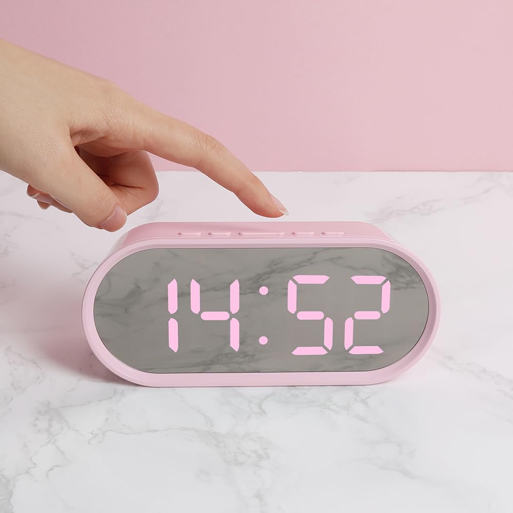 Mooas Pink LED Digital Alarm Clock with Night Light, Snooze & Temperature Display - Battery Operated Small Desk Clock for Kids, Girls Bedroom, Office & Living Room - Perfect for Nightstands, Dressers and Workspaces (Pink)