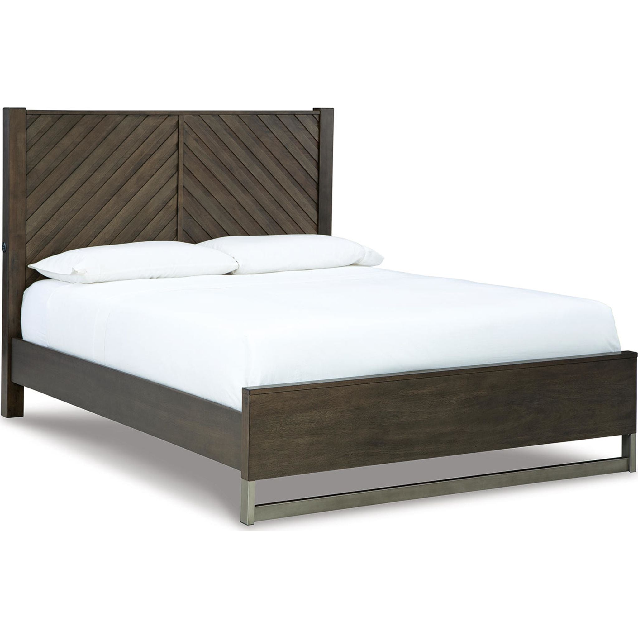Arkenton Queen Panel Bed Frame - Grayish Brown Upholstered Headboard, Sturdy Wooden Slat Support for Bedroom, Guest Room, or Master Suite