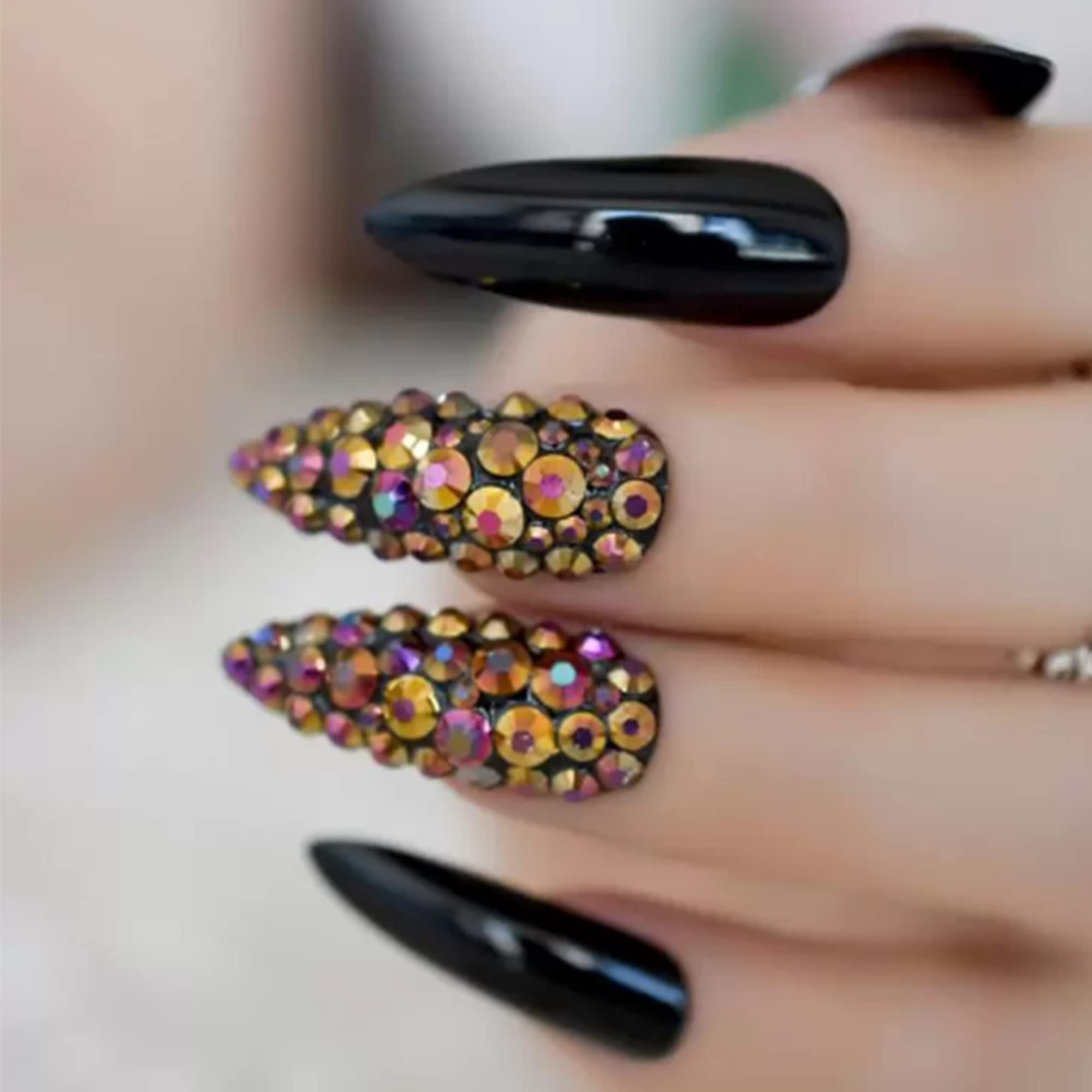 Premium False Nails Kit - Black Rhinestone Acrylic Nails with Strong Glue | Coffin Shape Artificial Nails for Women | Manicure Set for Parties, Weddings & Special Occasions | Fast Next Day Delivery