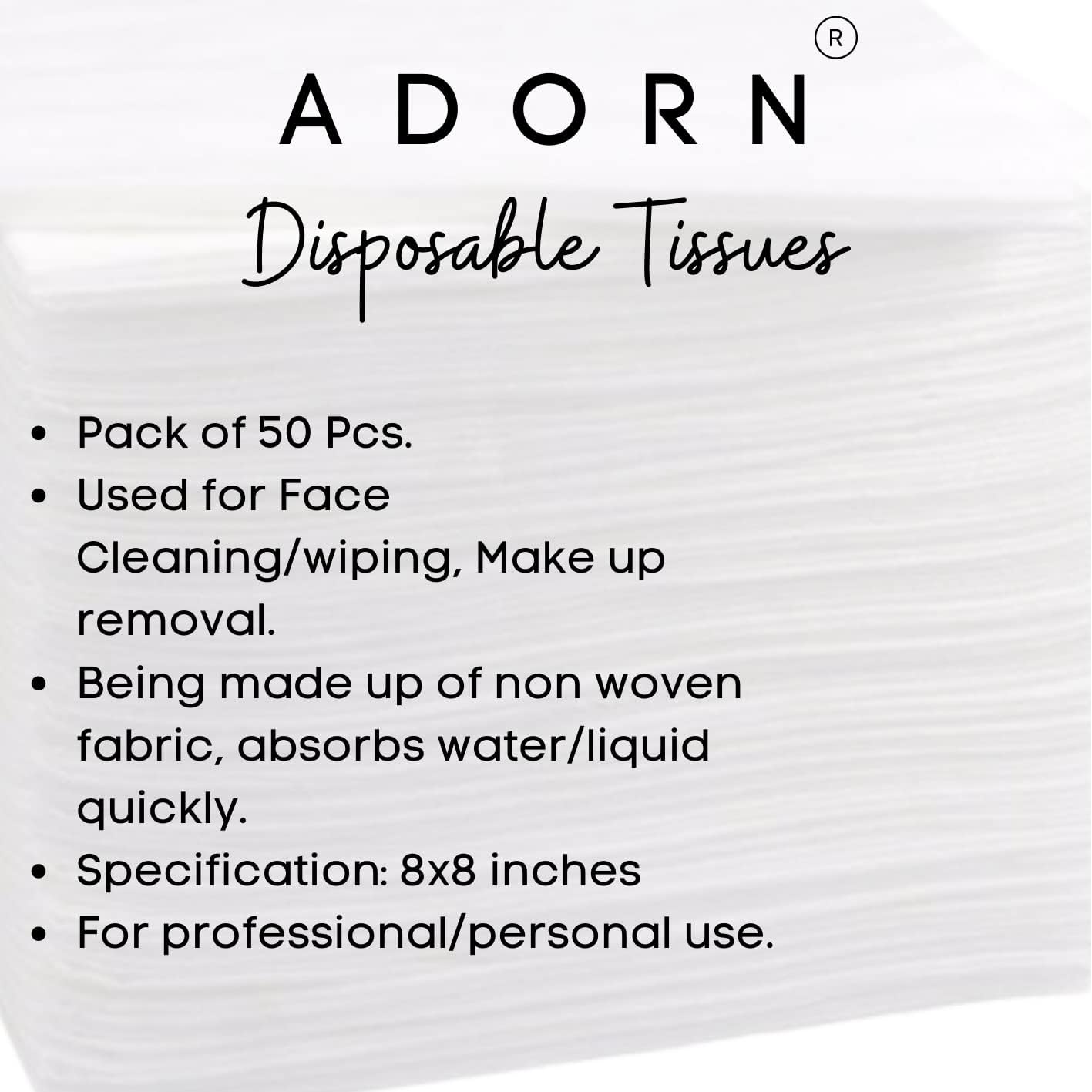 ADORN Disposable Non-Woven Fabric Facial Tissues (8x8 Inches, 50 Pack) - Soft & Hypoallergenic for Makeup Removal, Spa, and First Aid Care