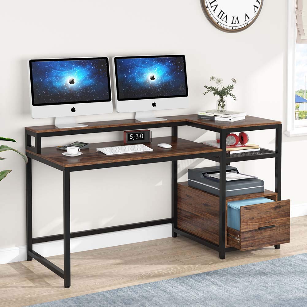 TIYASE 59 Inch Rustic Computer Desk with Hutch, Storage Shelves & File Drawer - Vintage Brown Home Office Desk for Study, Writing & Workstation Use with Monitor Shelf | Perfect for Small Spaces & Remote Work