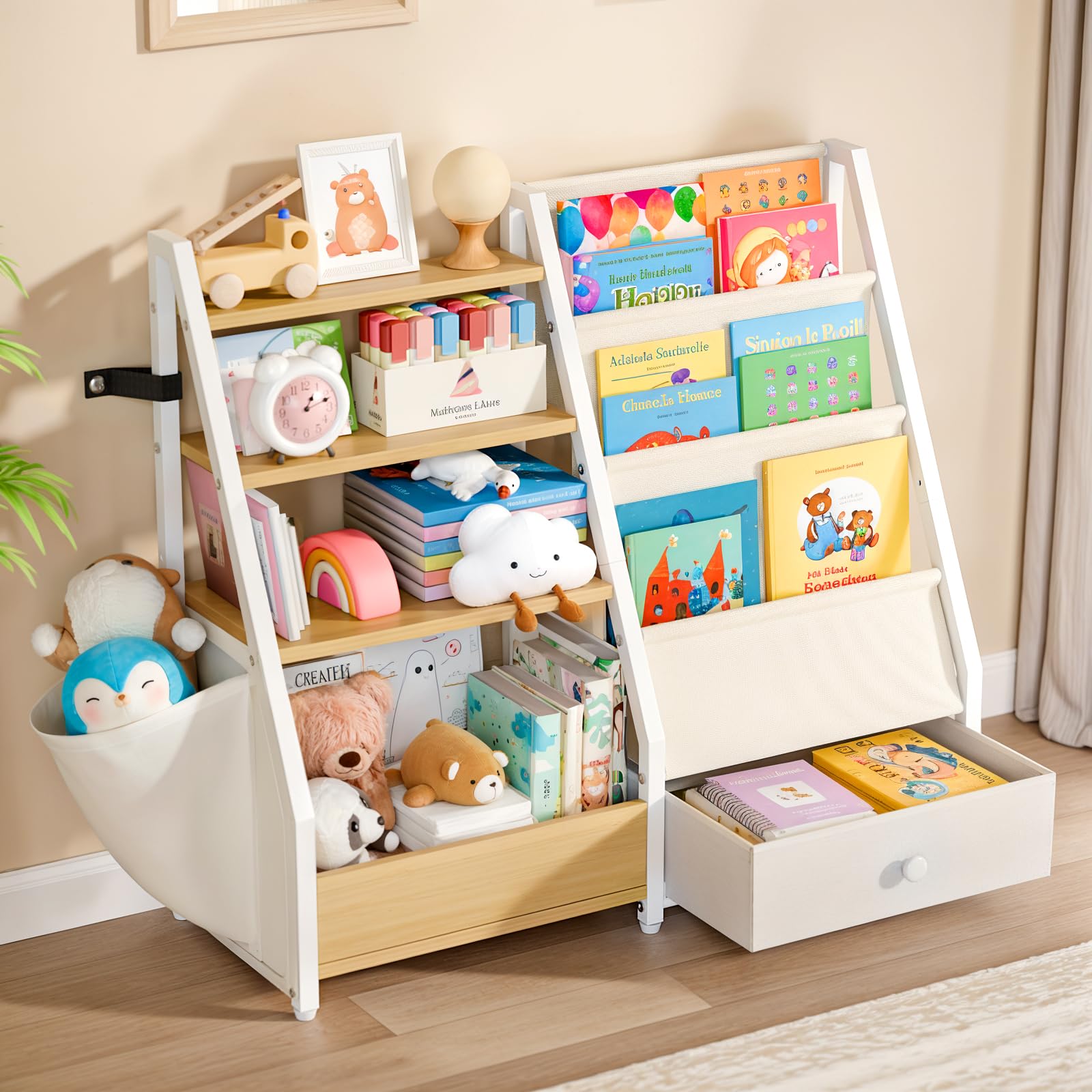 Kids Bookshelf and Toy Storage Organizer - White Wooden Bookcase for Nursery, Toddler Room & Montessori Playroom - Perfect for Organizing Books, Toys & Learning Materials