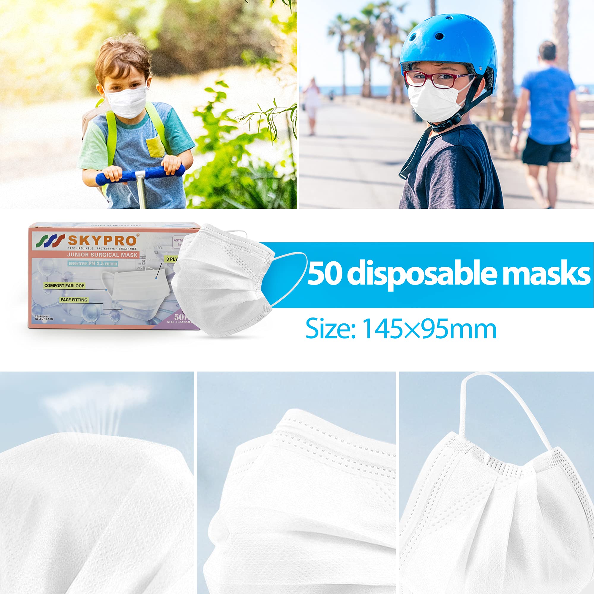 SKYPRO 50PCS ASTM Level 1 Disposable Face Masks for Kids - 3-Ply Medical Grade Protective PPE (White/Blue, Pack of 5) - Ideal for School, Travel & Daily Protection
