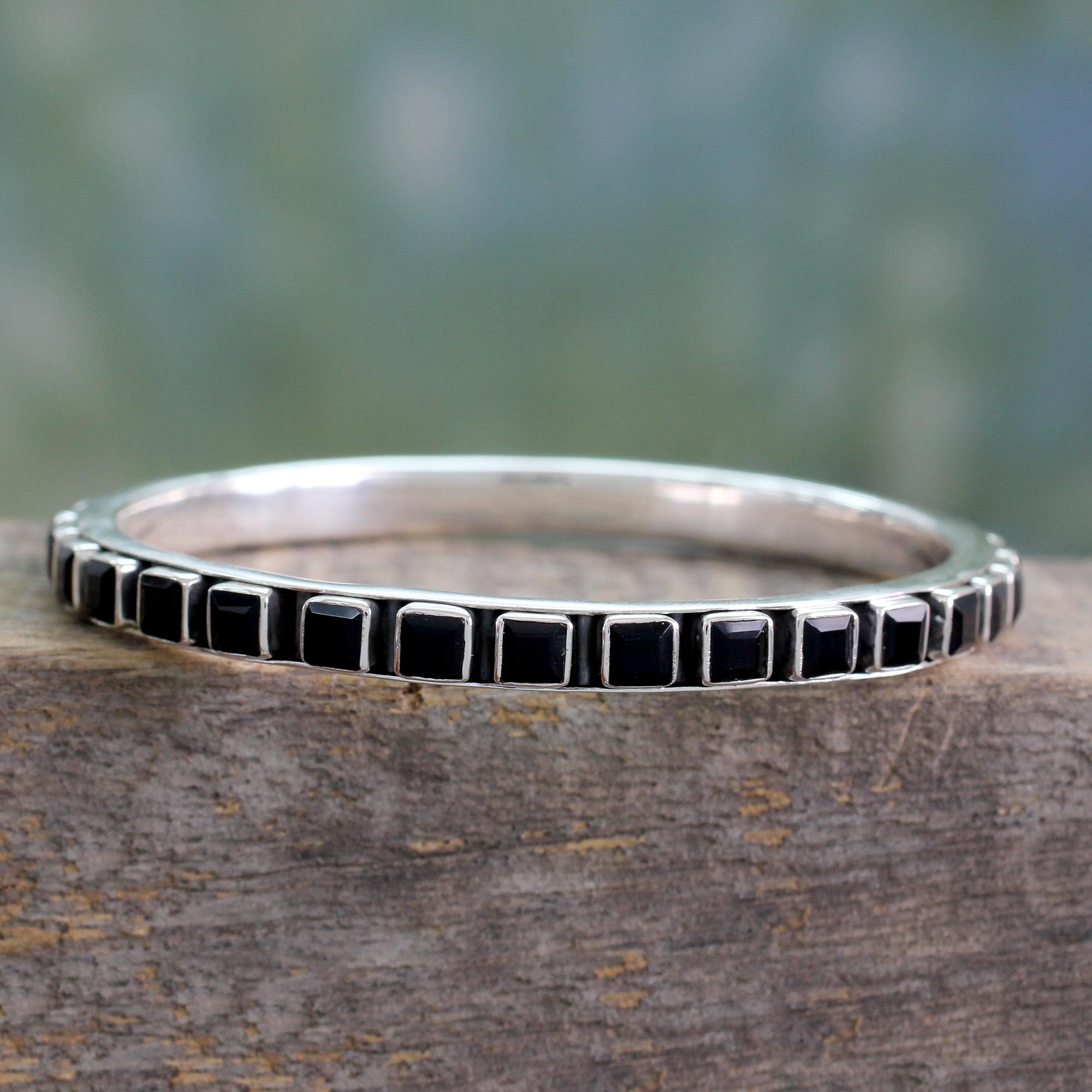 Handmade .925 Sterling Silver Onyx Bangle Bracelet Set - Black Onyx Birthstone Jewelry for Women [7.25