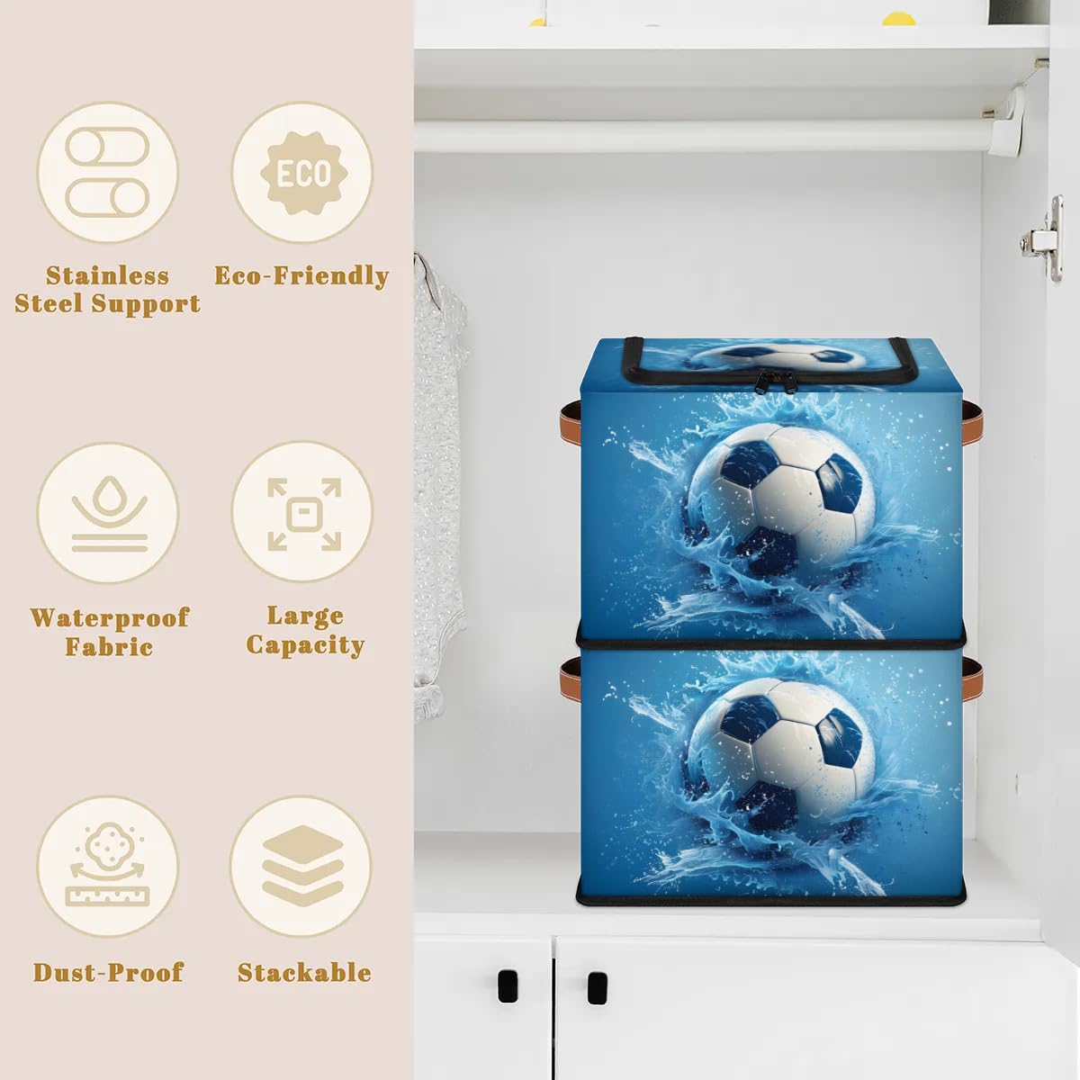 Football Storage Bins with Zipper Lid & Handle - 14.2x10.2x10 Inch Stackable Foldable Collapsible Storage Boxes - Set of 2 for Closet, Bedroom & Kids Room Organization