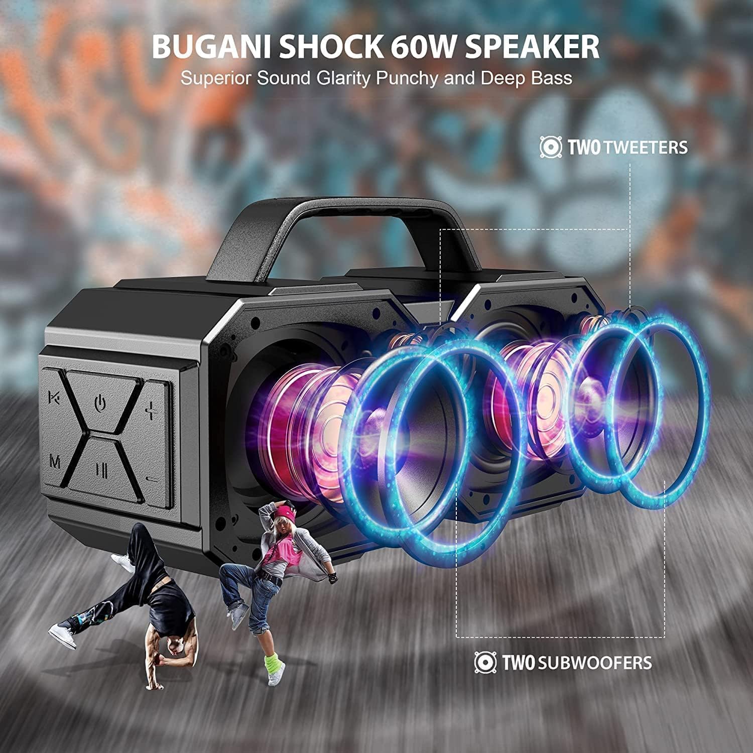 BUGANI Shock Bluetooth Speaker - Portable Wireless Speaker with Bluetooth 5.3, IPX7 Waterproof, 60W Powerful Sound, Outdoor/Indoor Use for Camping, Beach, Parties, Home Theater (Black, New Model)