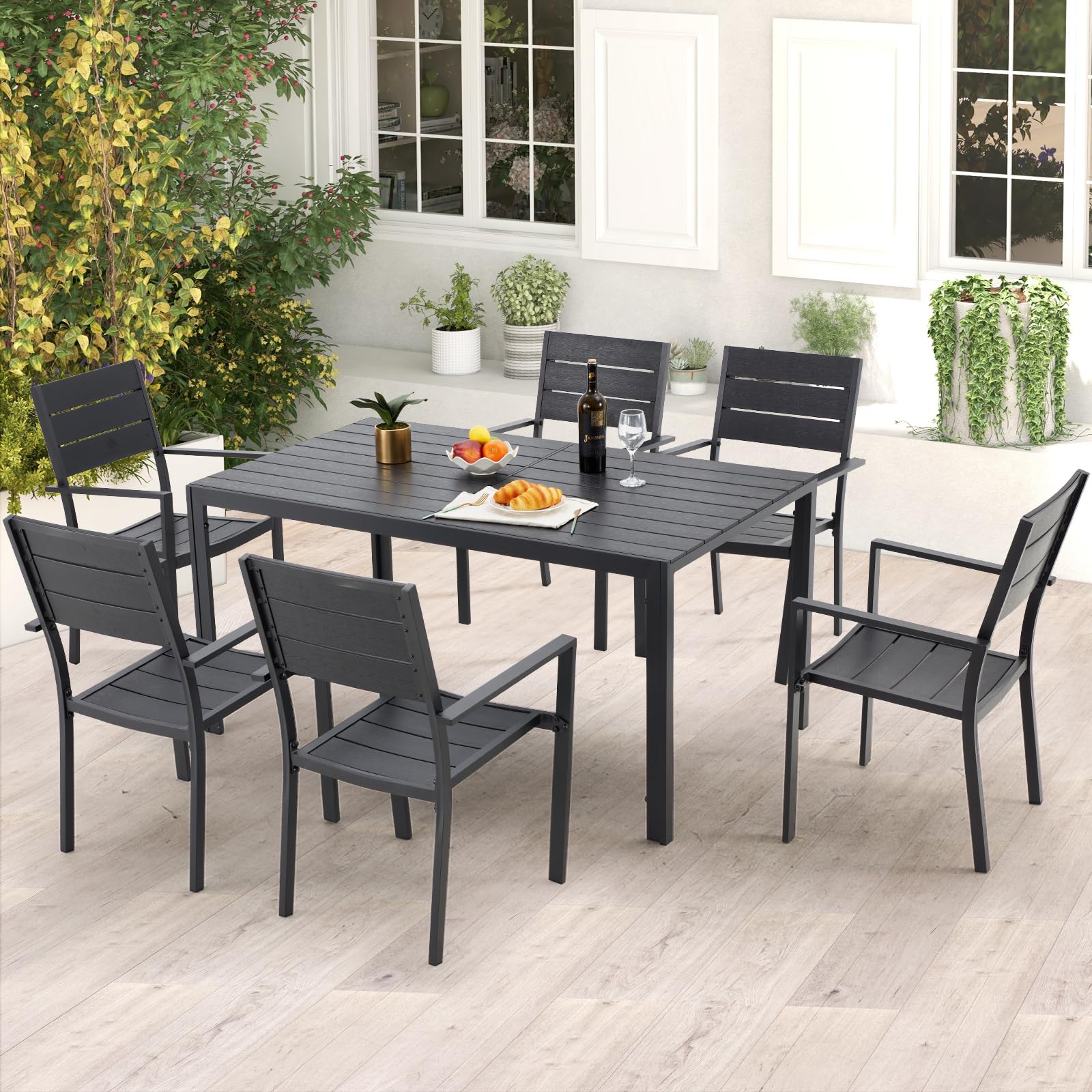 U-MAX 7-Piece Aluminum Outdoor Dining Set - Modern Patio Table and 6 Stackable Chairs for Garden, Backyard, Poolside - Durable Black Aluminum Frame Furniture for Outdoor Entertaining & Relaxation