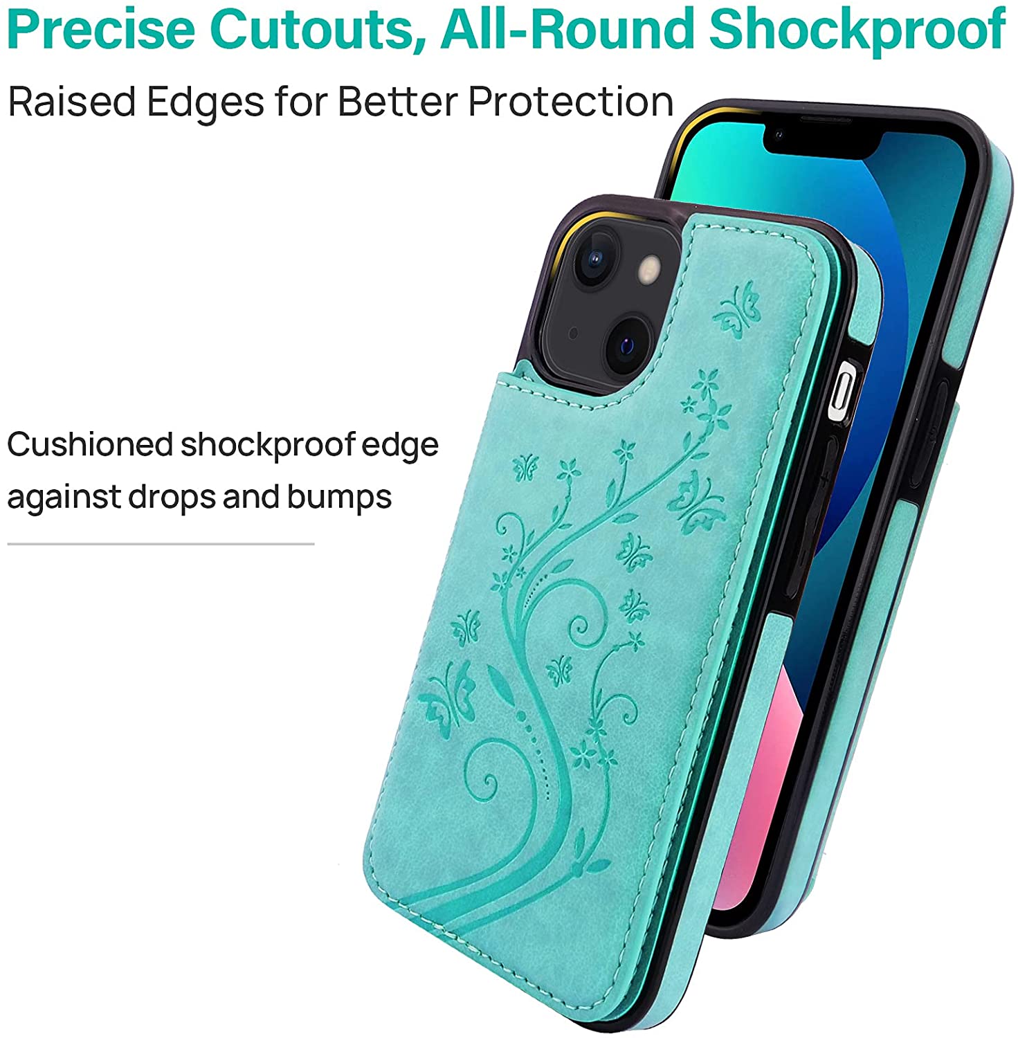 iPhone 13 Mini Wallet Case with Credit Card Holder - Butterfly Flower Design - Slim Protective Phone Cover for Everyday Use & Travel