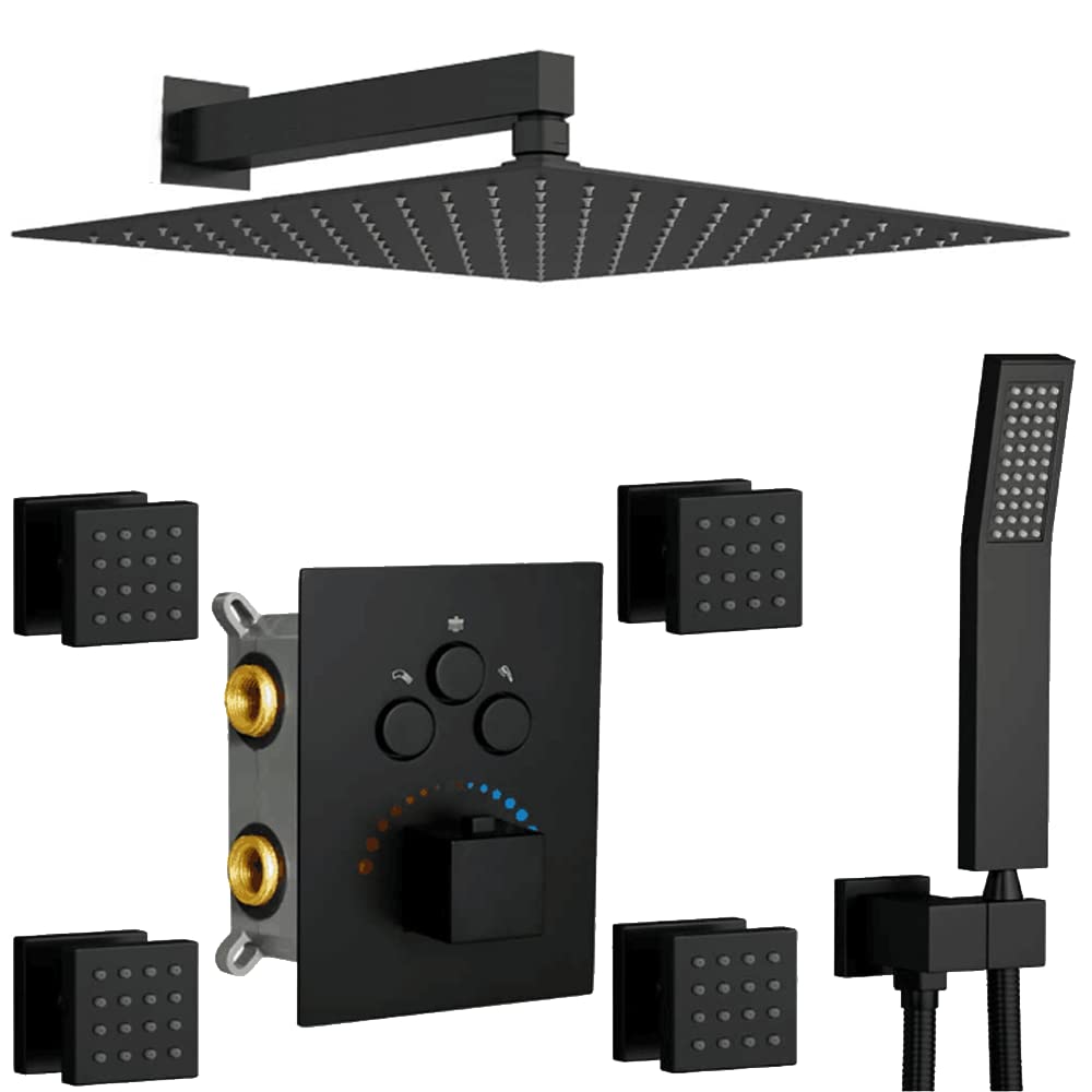 12 Inch Black Thermostatic Shower System - Wall Mounted Full Body Shower Faucet Set with 4PCS Body Jets | Modern Bathroom Fixtures for Spa-Like Experience at Home