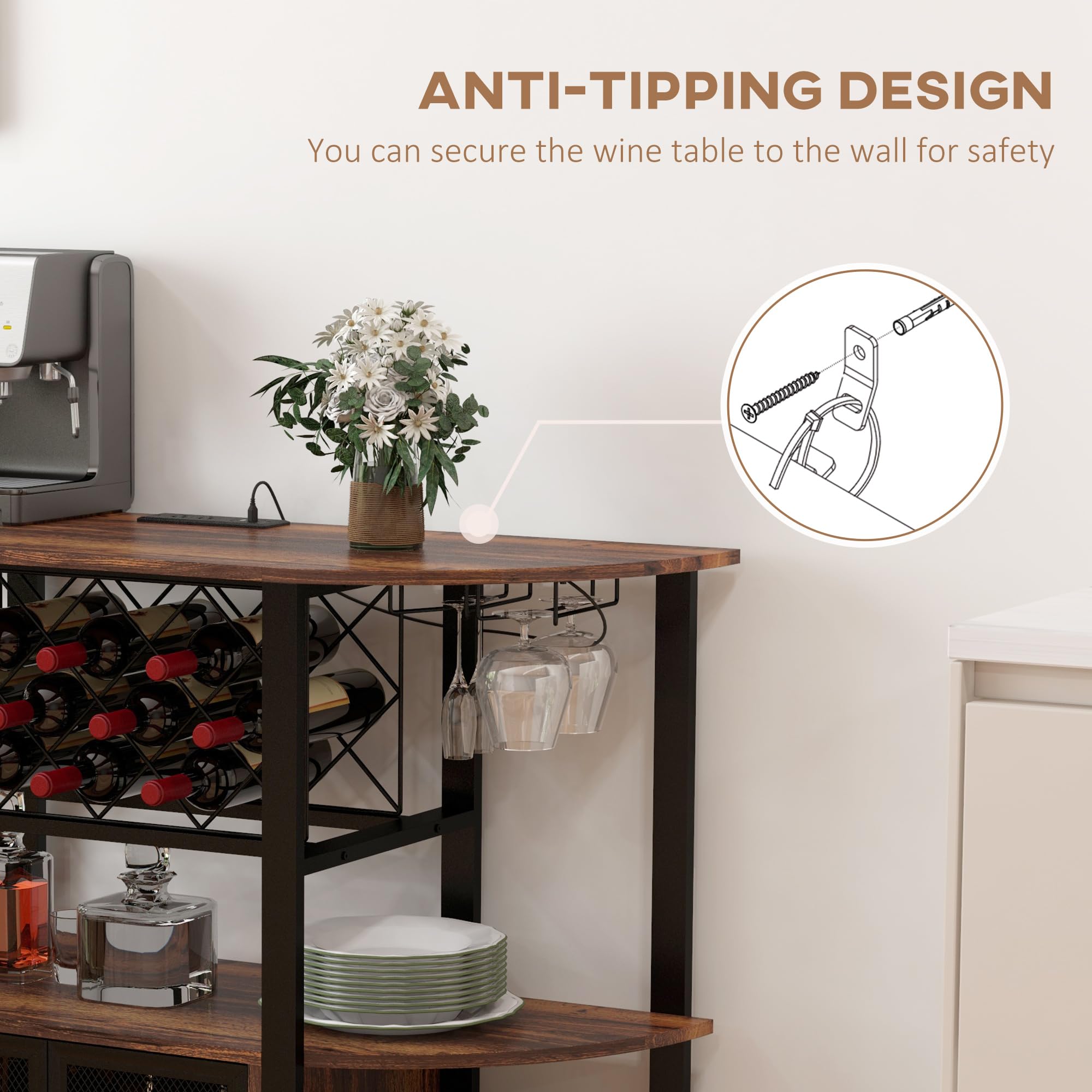 HOMCOM Industrial Wine Bar Cabinet with USB Charging Station, LED Lights & 10-Bottle Rack - Rustic Brown Liquor Storage with Glass Holders, Mesh Doors & Open Shelves - Perfect for Home Bars, Man Caves & Entertaining Guests