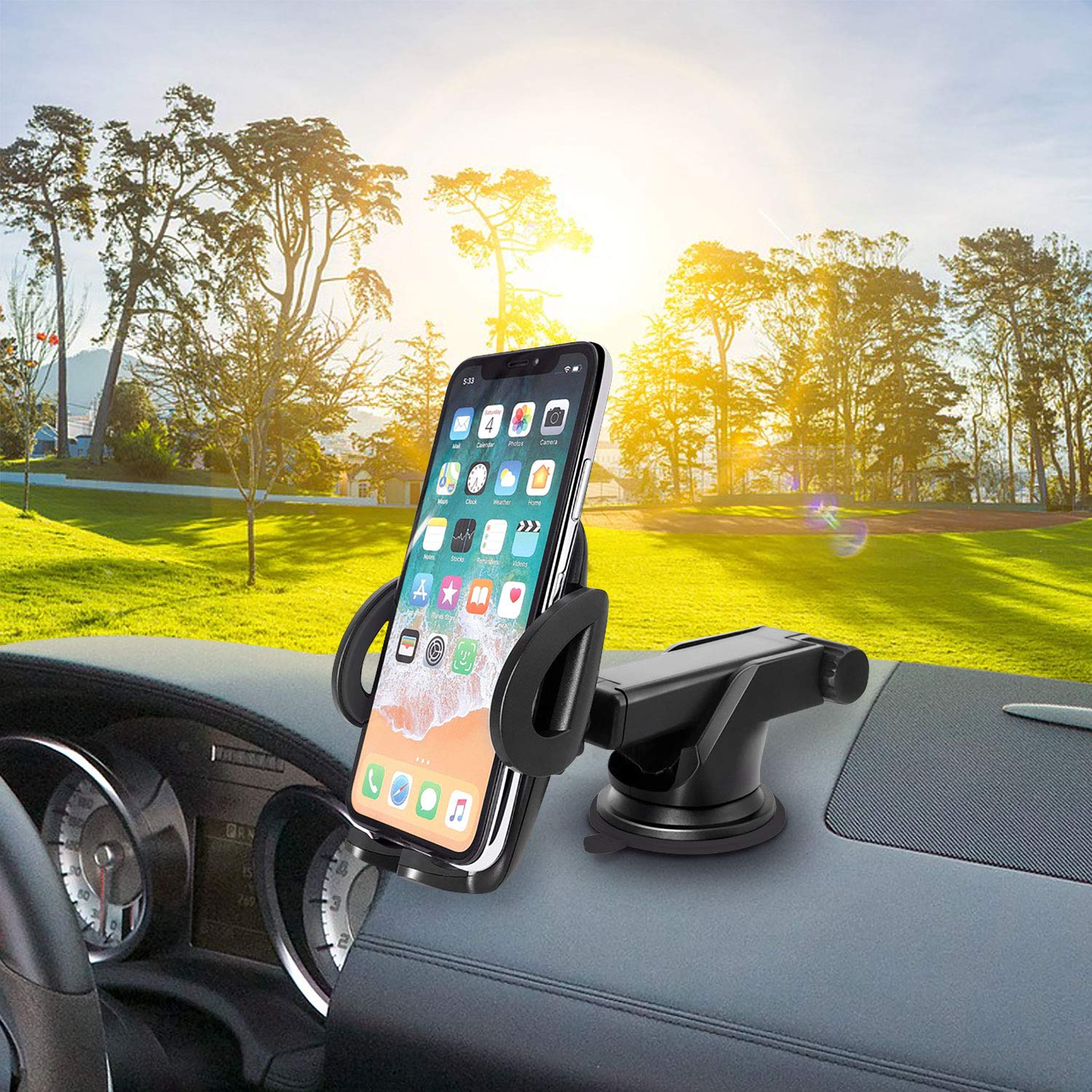 Adjustable Car Phone Holder for iPhone, Samsung, Pixel - Dashboard & Windshield Mount for Safe Driving