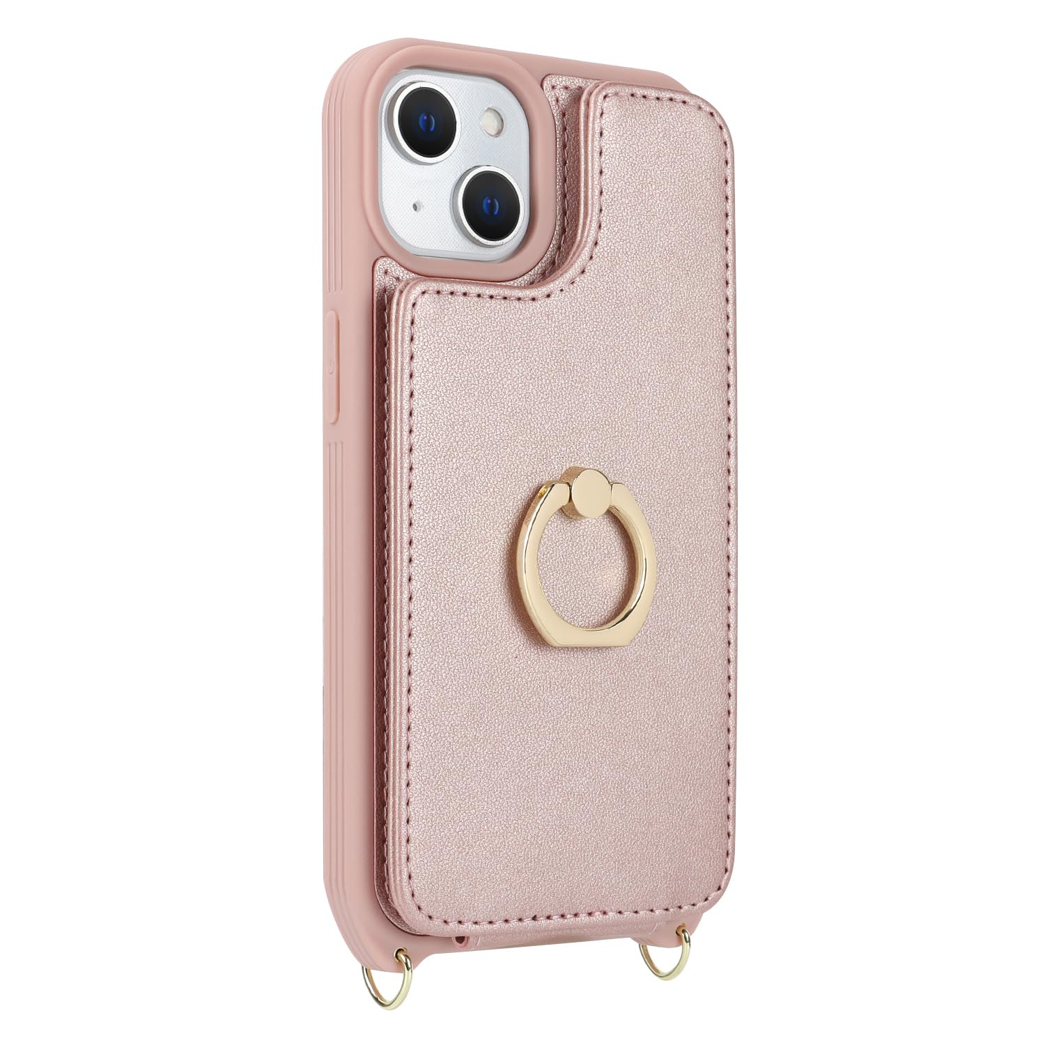 iPhone 15 Wallet Case with Card Holder & Wrist Strap - 6.1 Inch Rose Gold Phone Cover with Crossbody Lanyard, Ring Stand & Snap Closure | Perfect for Women's Everyday Use, Shopping & Travel Accessories