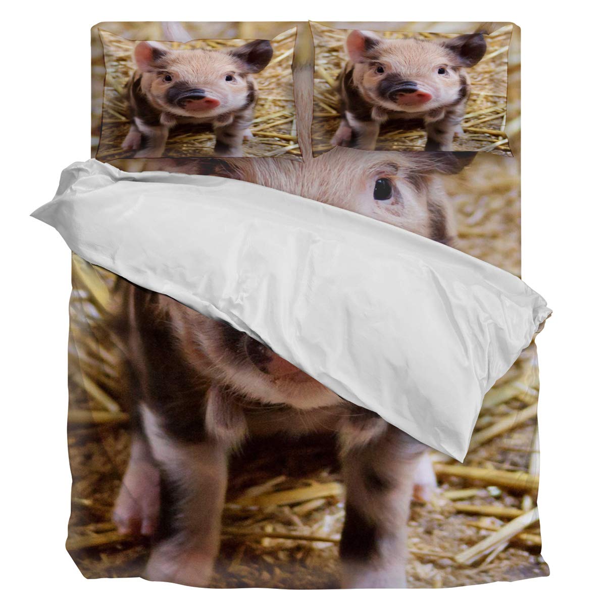 King Size 4-Piece Sunflower Duvet Cover Set with 3D Pig Animal Design - Soft Luxury Bedding Includes 1 Duvet Cover, 1 Flat Sheet & 2 Pillowcases - Perfect for Kids' Rooms, Guest Bedrooms & Cozy Farmhouse Decor