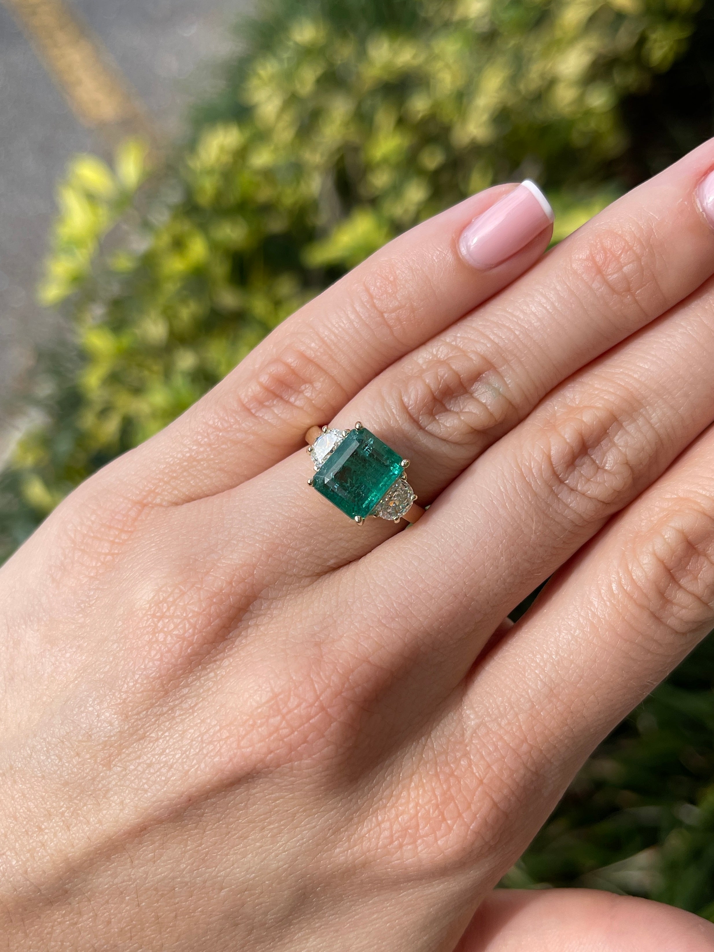 4.88tcw Natural Emerald & Lab-Created Half Moon Diamond 14K Gold Three Stone Ring for Engagement, Wedding, Anniversary & Special Occasions