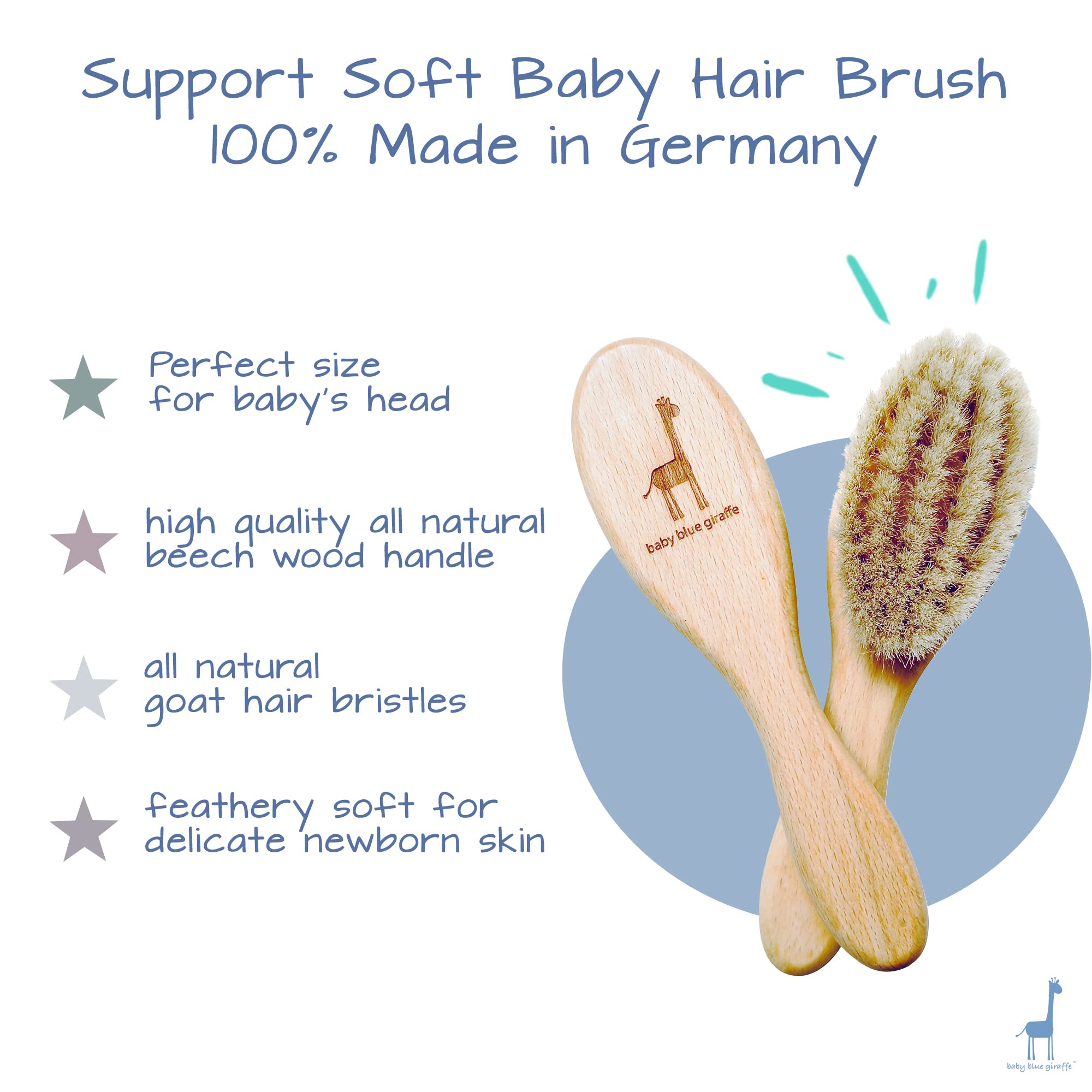 Super Soft Baby Hair Brush with Natural Goat Hair & Beech Wood - Gentle Newborn Grooming Kit, Essential Baby Shower Gift (Baby Blue Giraffe) - Perfect for Daily Hair Care & Sensitive Scalps