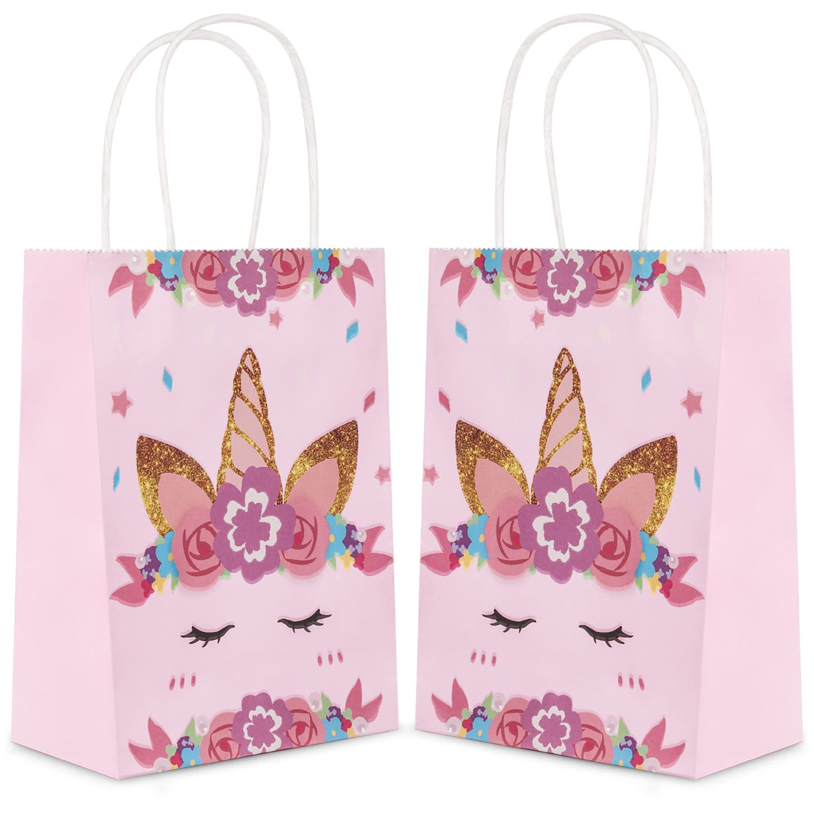 Sharlity 24-Pack Pink Unicorn Party Favor Bags with Handles - Kids Birthday Party Supplies, Unicorn Themed Gift Bags for Girls Birthday, Baby Shower & School Events