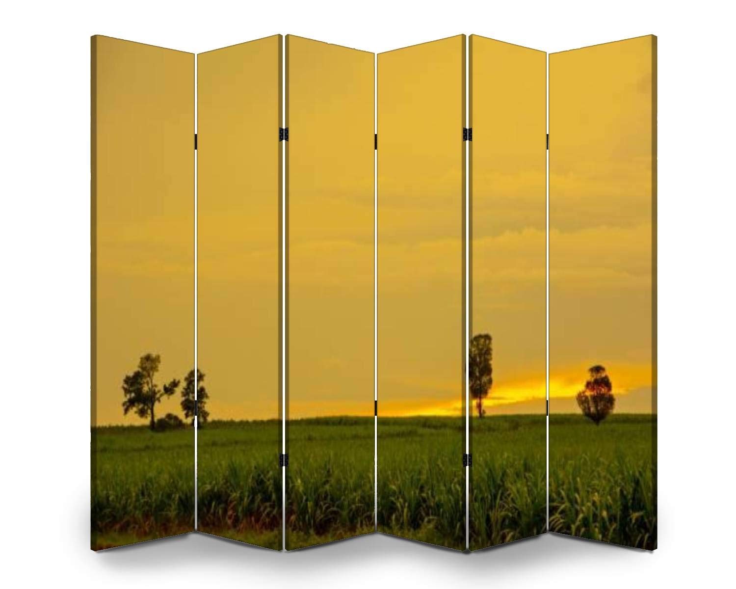 6-Panel Folding Room Divider - Natural Sugarcane & Mountain Tree Silhouette Design - Freestanding Privacy Screen for Indoor/Outdoor Use - Perfect for Home Office, Bedroom Partition, and Event Space Dividers