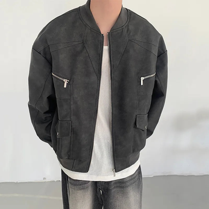 American Style Men's PU Leather Jacket - Casual Patchwork Zipper Coat, Solid Color Loose Fit Male Outerwear (Winter 2024 Fashion) for Streetwear & Daily Outfits | Model 9C6885