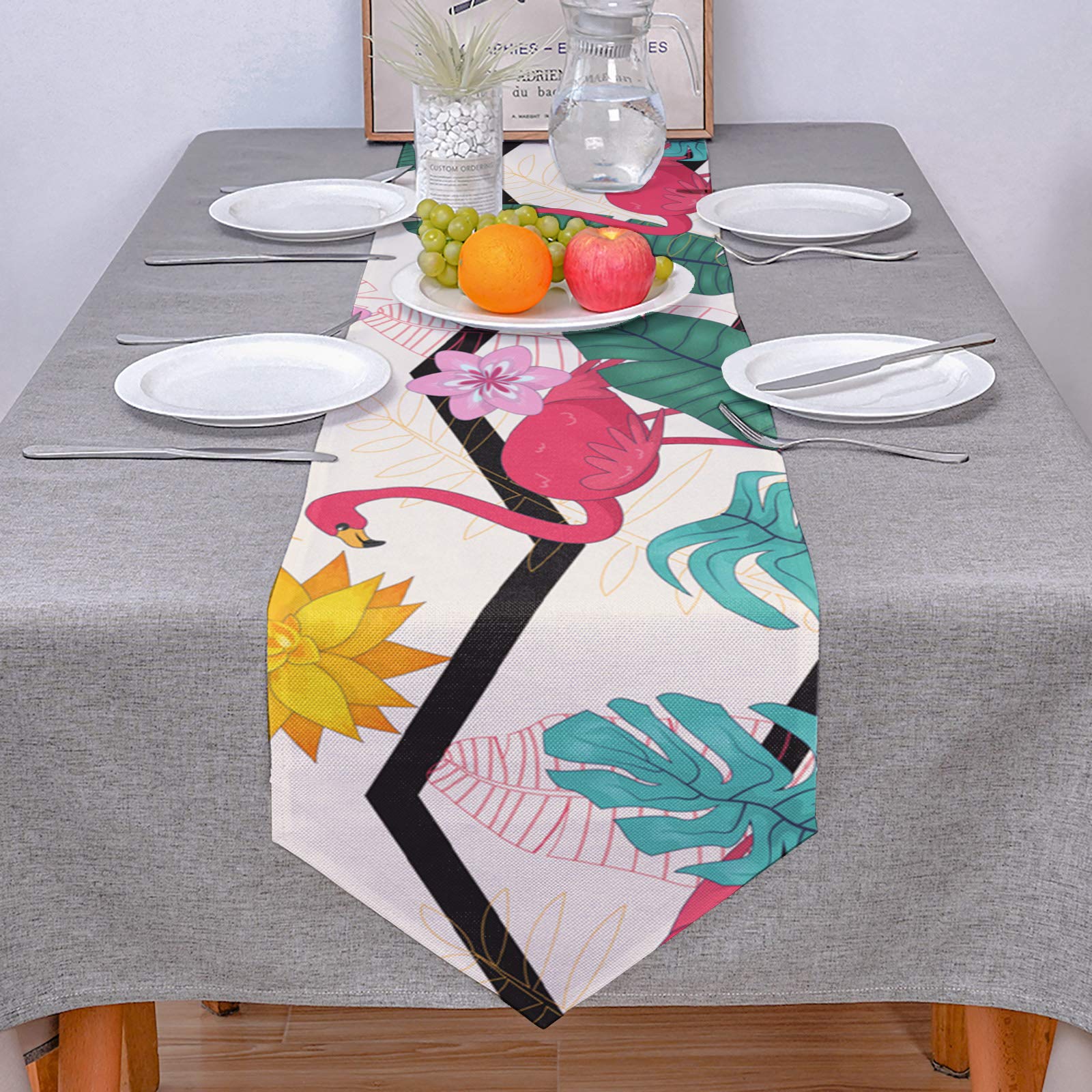 Burlap Table Runner with Zig Zag Flamingo & Tropical Plants Design - Non-Slip Rectangle Farmhouse Decor for Wedding, Party, Holiday Dinner - 13x70 Inch - Perfect for Rustic Weddings, Tropical Themed Parties & Farmhouse Dining Room Decor