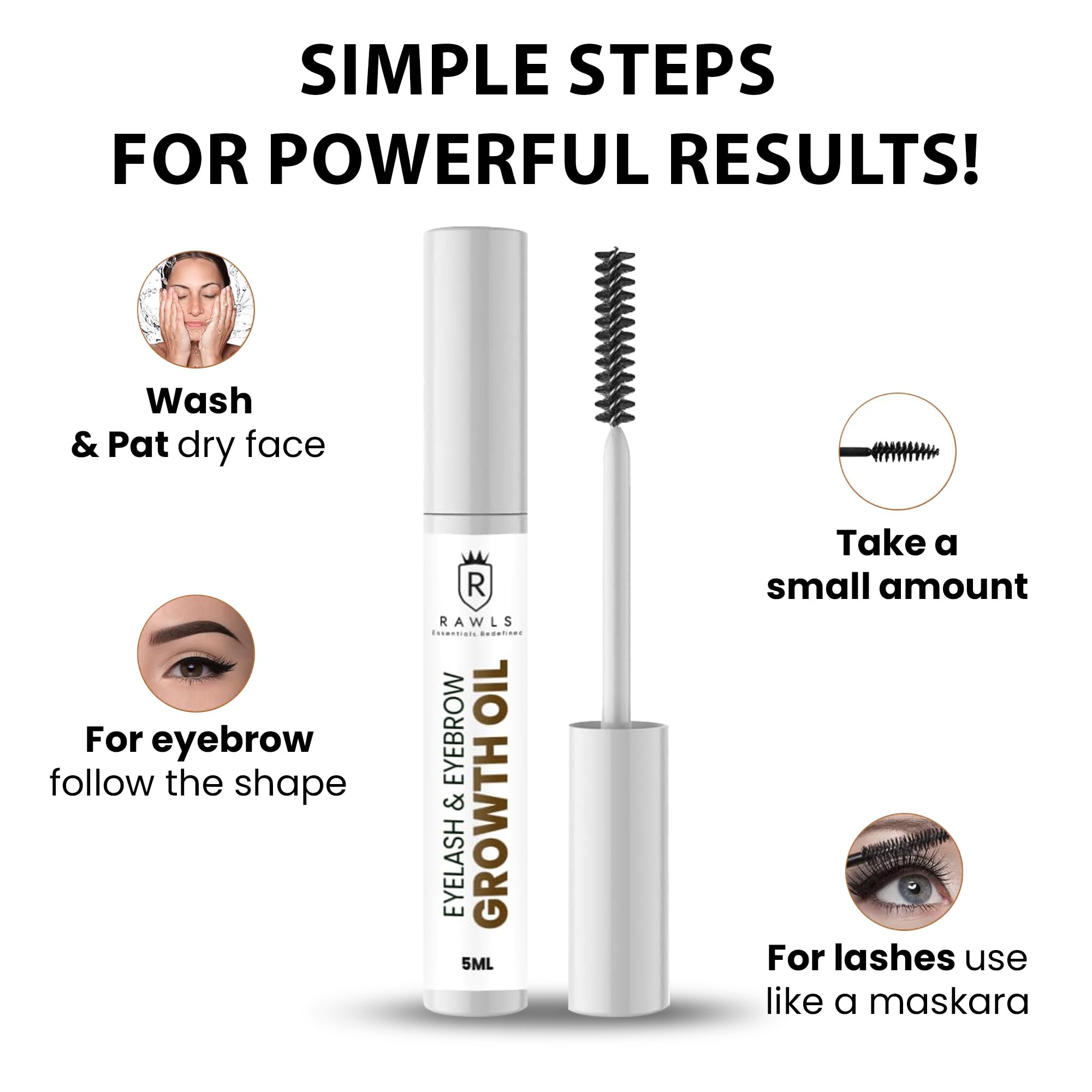 Rawls Eyelash & Eyebrow Growth Serum - Natural Formula with Almond Oil, Castor Oil & Vitamin E for Thicker, Fuller Lashes & Brows | Sulfate & Paraben Free | 5ml | Perfect for Nighttime Care & Daily Lash Enhancement