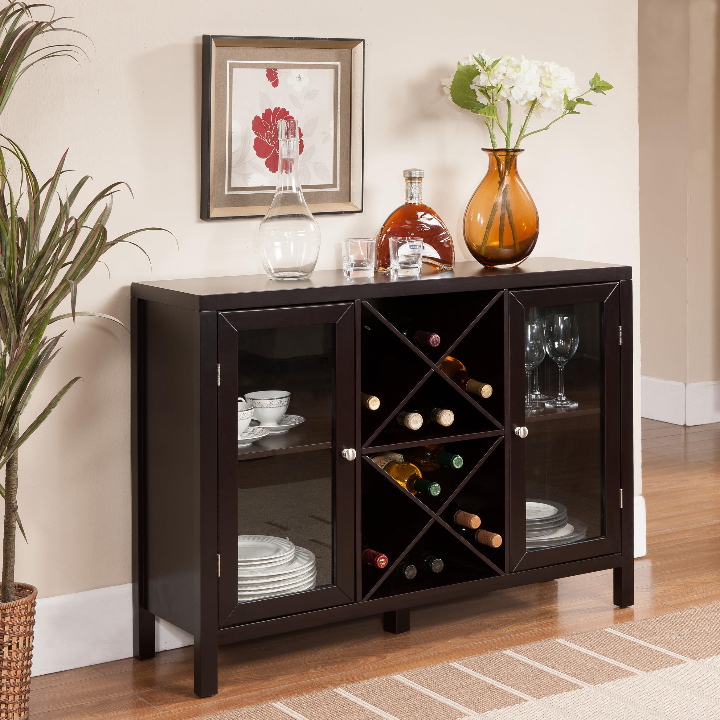 Kings Brand Solid Wood Wine Bar Cabinet - Stylish Buffet Sideboard with Storage Shelves for Liquor, Coffee & Dining Essentials - Perfect for Living Room, Kitchen & Home Bar Decor (Espresso Finish)