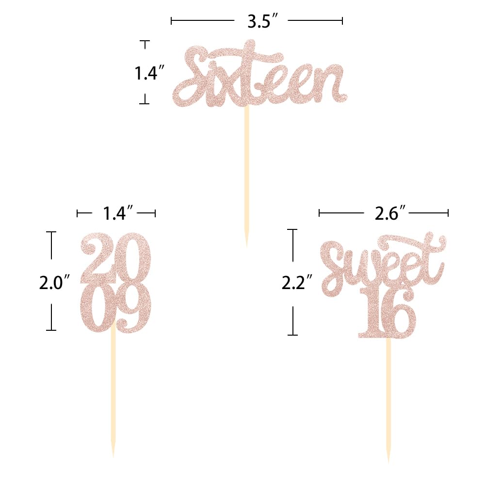 24 Pcs Sweet 16 Rose Gold Glitter Cupcake Toppers - 16th Birthday Party Decorations for Girls, Teens | Perfect for Birthday Cakes, Desserts, Celebrations & Sweet 16 Party Themes