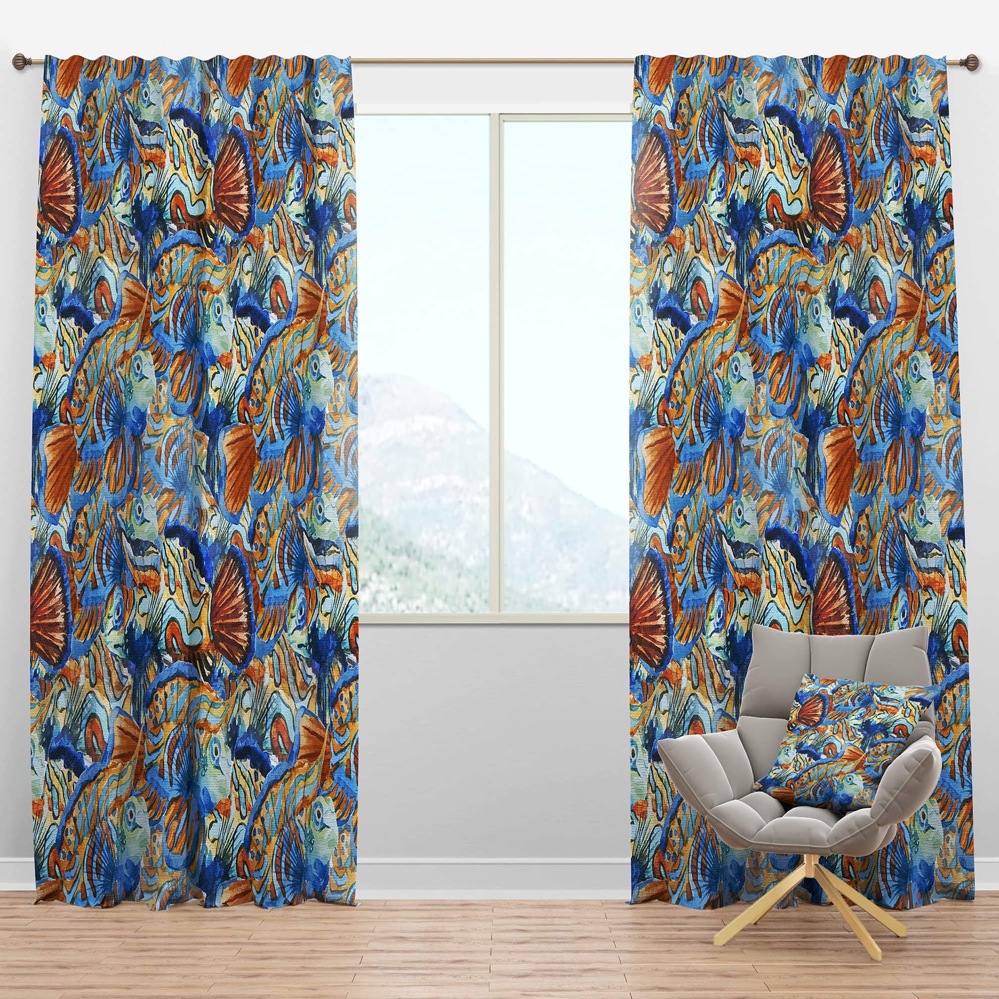 Handpainted Orange and Blue Fish Blackout Curtains - Thermal Insulated Single Panel Window Drapes (52x120 inches) for Bedroom & Living Room - Perfect for Light Blocking, Privacy, and Energy Efficiency