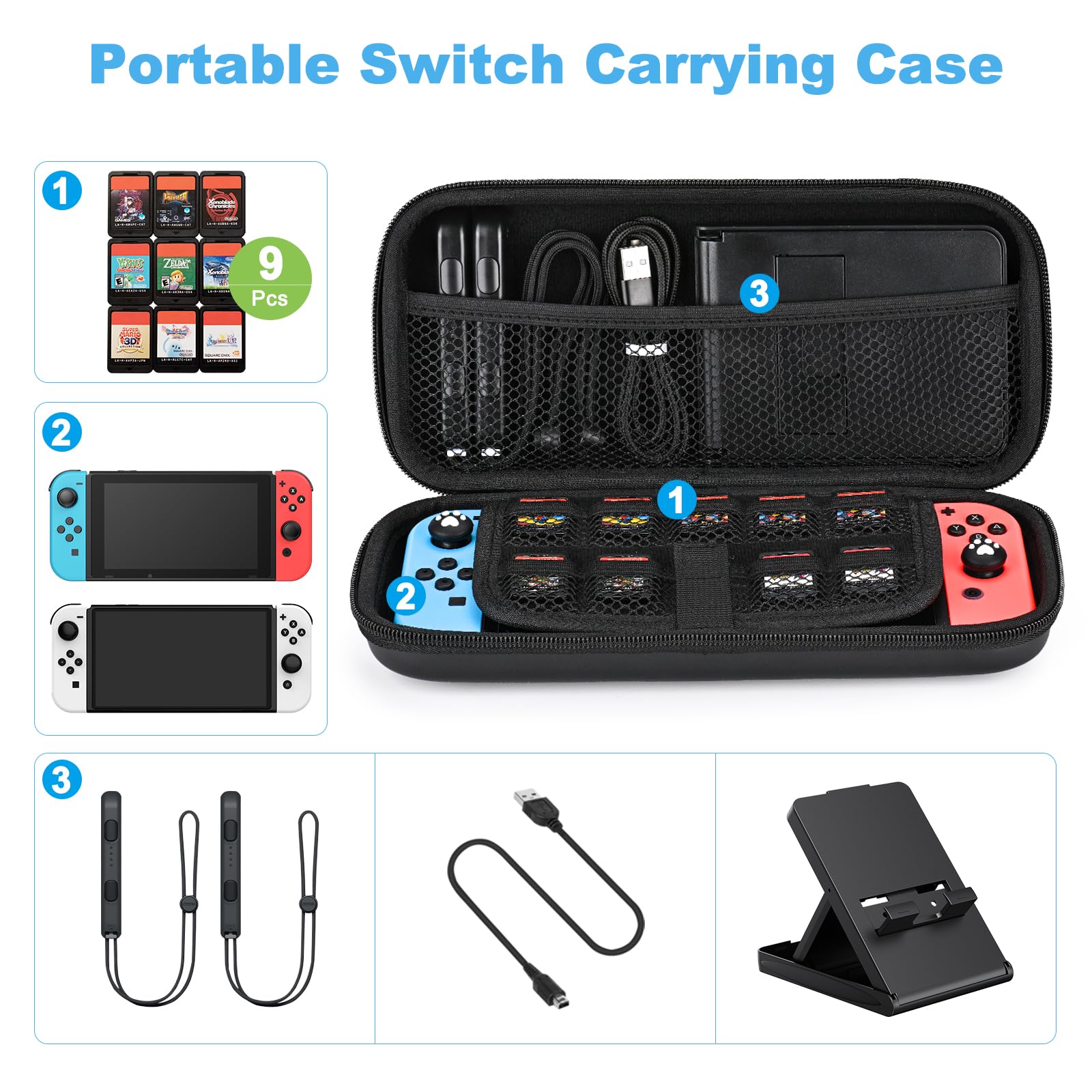 Younik 11-in-1 Nintendo Switch & Switch OLED Accessories Kit - Protective Carrying Case, Thumb Grips, Cute Stickers & Pendant for Gaming On-The-Go, Travel & Home Entertainment