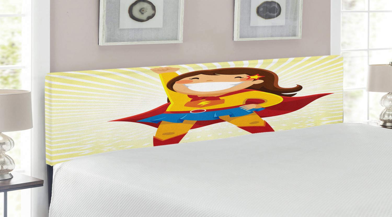 Ambesonne Superhero Headboard - Courageous Little Girl in Costume with Big Smile, Upholstered Decorative Metal Bed Frame with Memory Foam, King Size, Multicolor - Perfect for Kids' Bedrooms, Superhero Themed Rooms & Playful Home Decor
