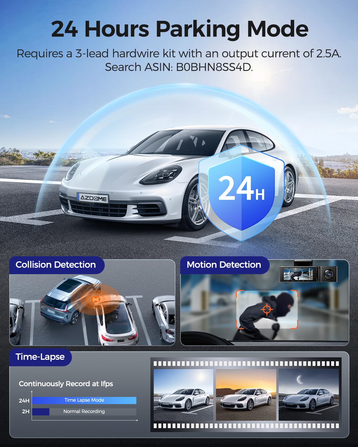 AZDOME 4K Triple Dash Camera with Front, Rear & Interior View - 4K+1080P+2.5K Resolution, WiFi GPS, 3.19