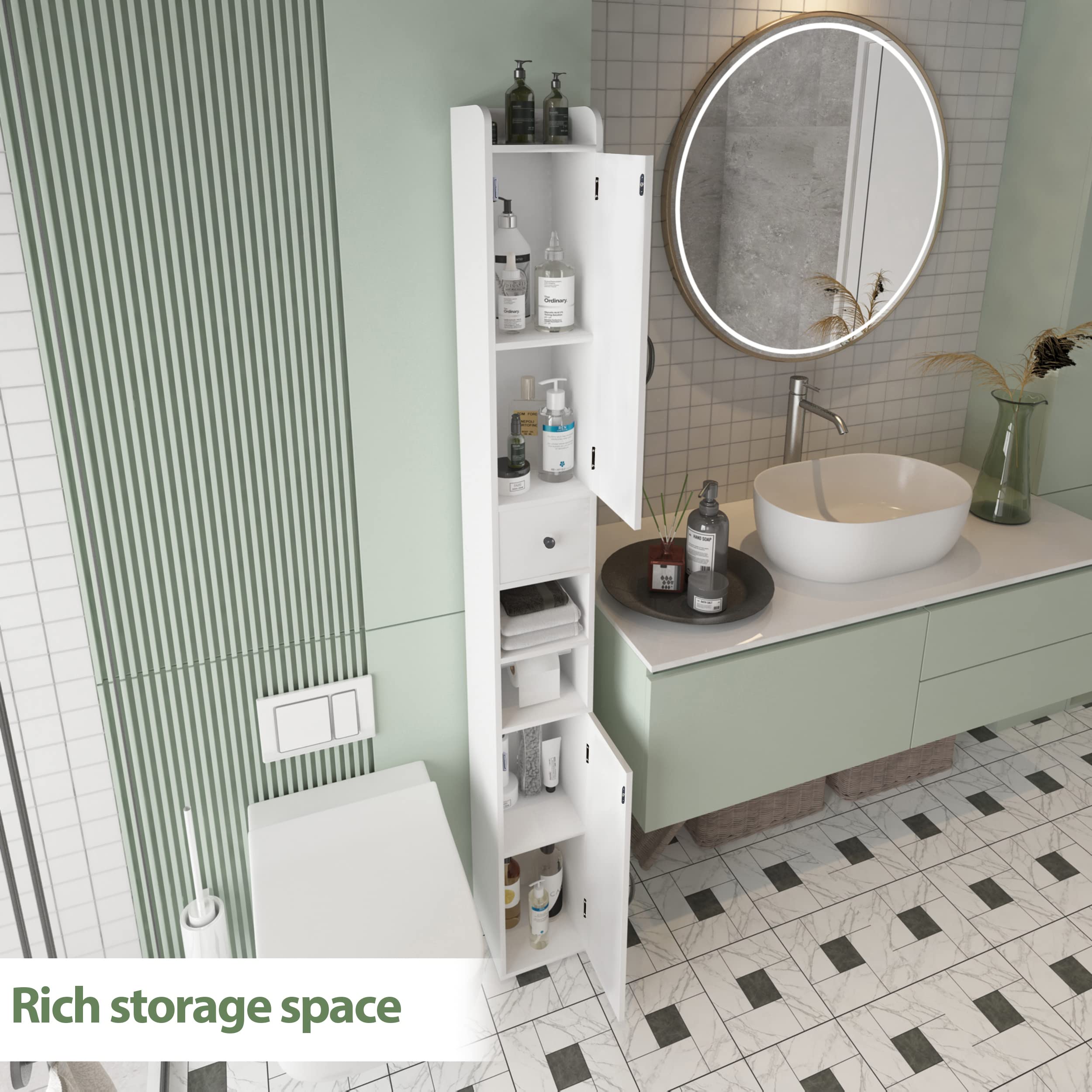 Adjustable Bathroom Storage Cabinet with 8 Compartments & Retractable Toilet Paper Holder - White Narrow 2-Door Tall Cabinet for Small Spaces | Perfect for Bathroom Organization, Apartment Living & Space-Saving Storage Solutions