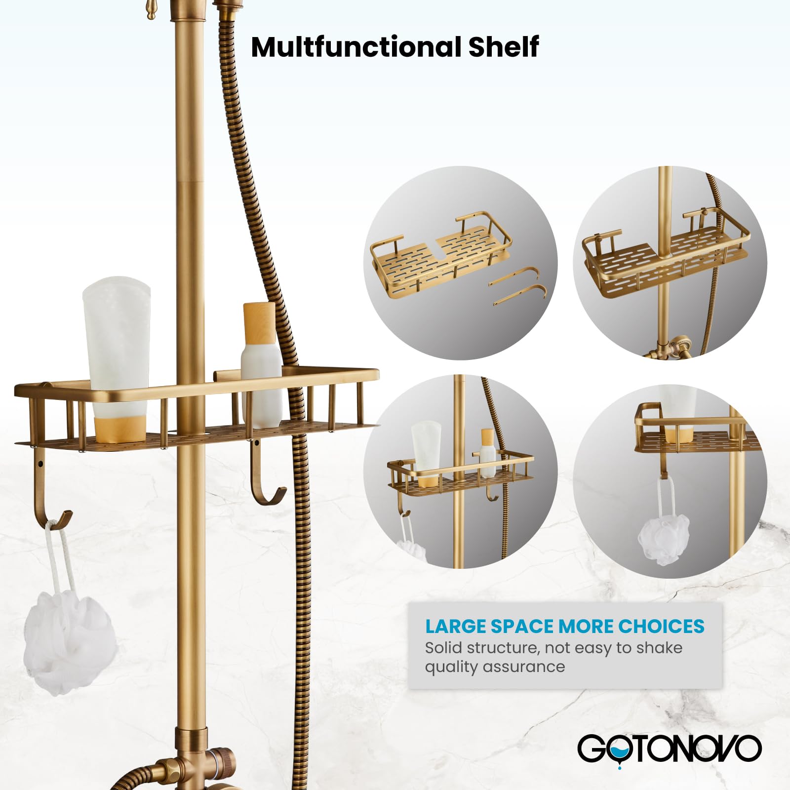Gotonovo 8 Inch Wall Mounted Outdoor Shower System - Exposed Bathroom Faucet with Adjustable Handheld Sprayer, Shower Head, Tub Spout & Double Cross Handles in Antique Brass - Perfect for Patio, Poolside, Garden & Luxury Bathroom Renovations