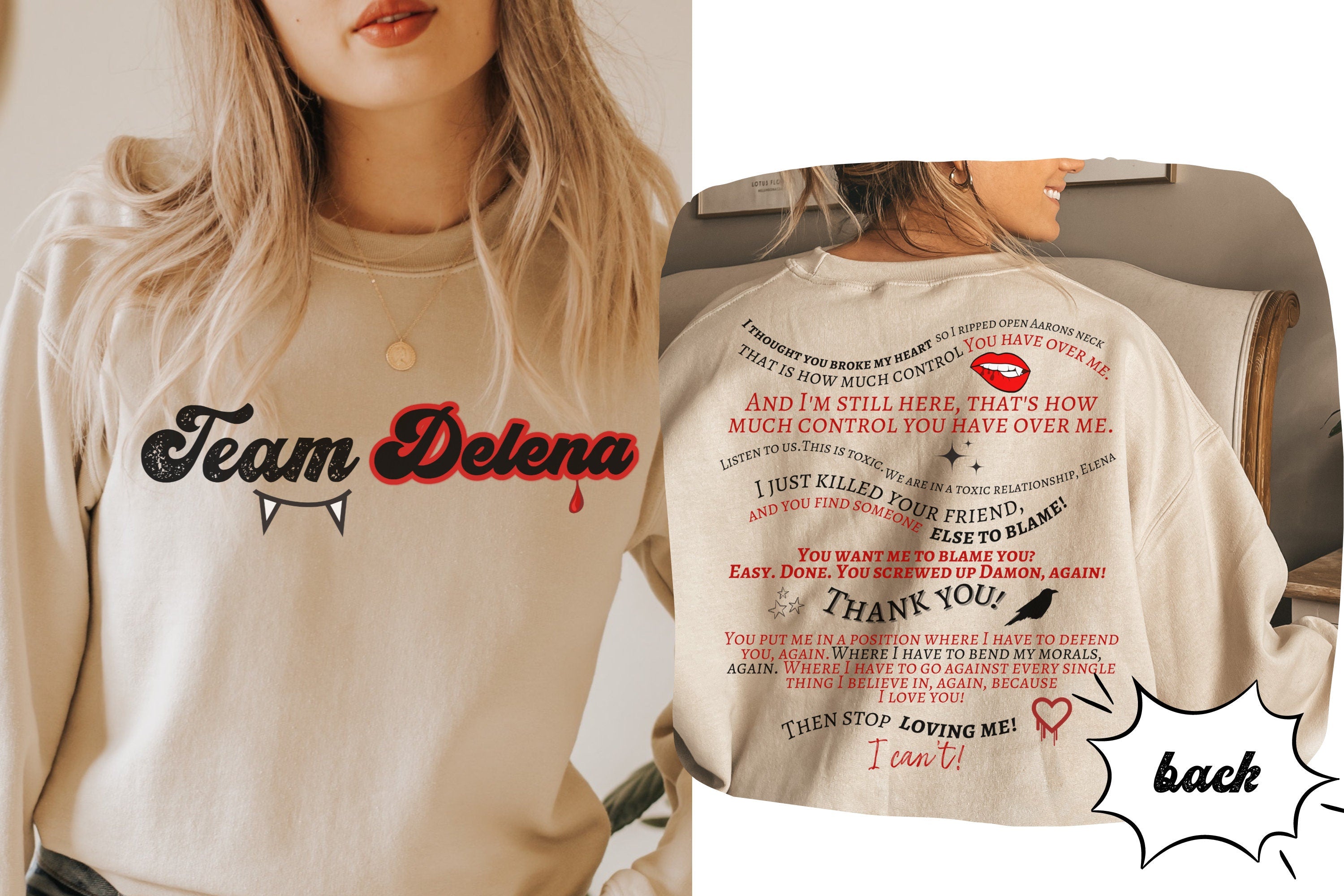 Team Delena TVD Crewneck Sweatshirt - Damon & Elena Salvatore The Vampire Diaries Merch - Perfect for Fan Gifts, Cosplay & TV Show Themed Parties