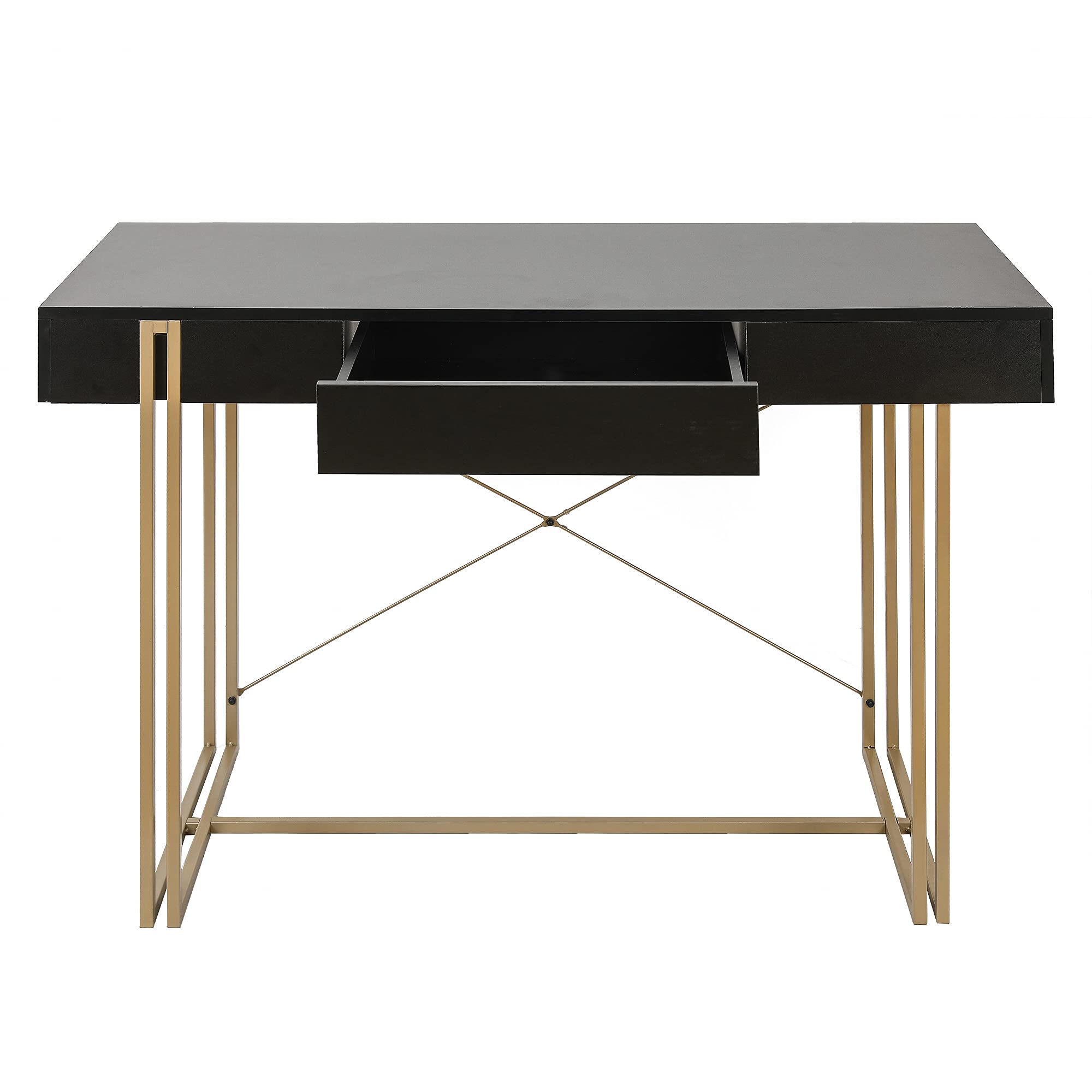 LuxenHome 47 Inch Black Modern Wood & Metal Drawer Desk - Makeup Vanity, Dressing Table, Home Office Computer Laptop Writing Desk with Sturdy Metal Frame - Perfect for Bedroom, Living Room & Office Workspace