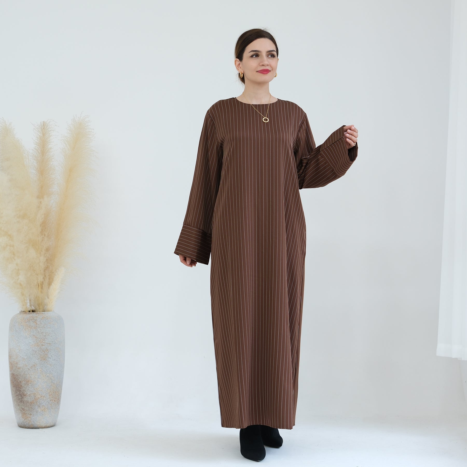 Janine Stripe Long Sleeve Belted Maxi Dress for Women - Brown Flowy Boho Dress for Beach, Wedding & Casual Outings