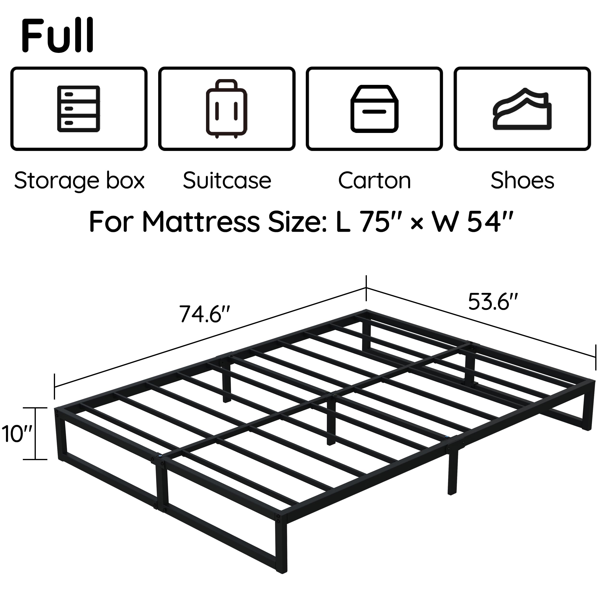 10 Inch Full Metal Bed Frame with Steel Slat Support - Heavy Duty Platform Mattress Foundation, No Box Spring Needed, Easy Assembly, Black - Perfect for Guest Rooms, Dorms, and Small Apartments