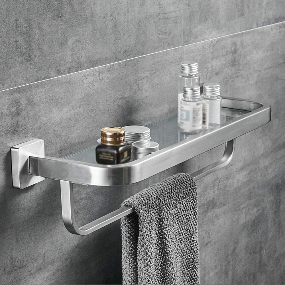 Premium Thick Tempered Glass Stainless Steel Wall Mounted Shelf - Rustproof Bathroom & Kitchen Storage Organizer, Shower Caddy, Floating Shelves with Towel Rack - Perfect for Modern Home, Spa, and Hotel Decor