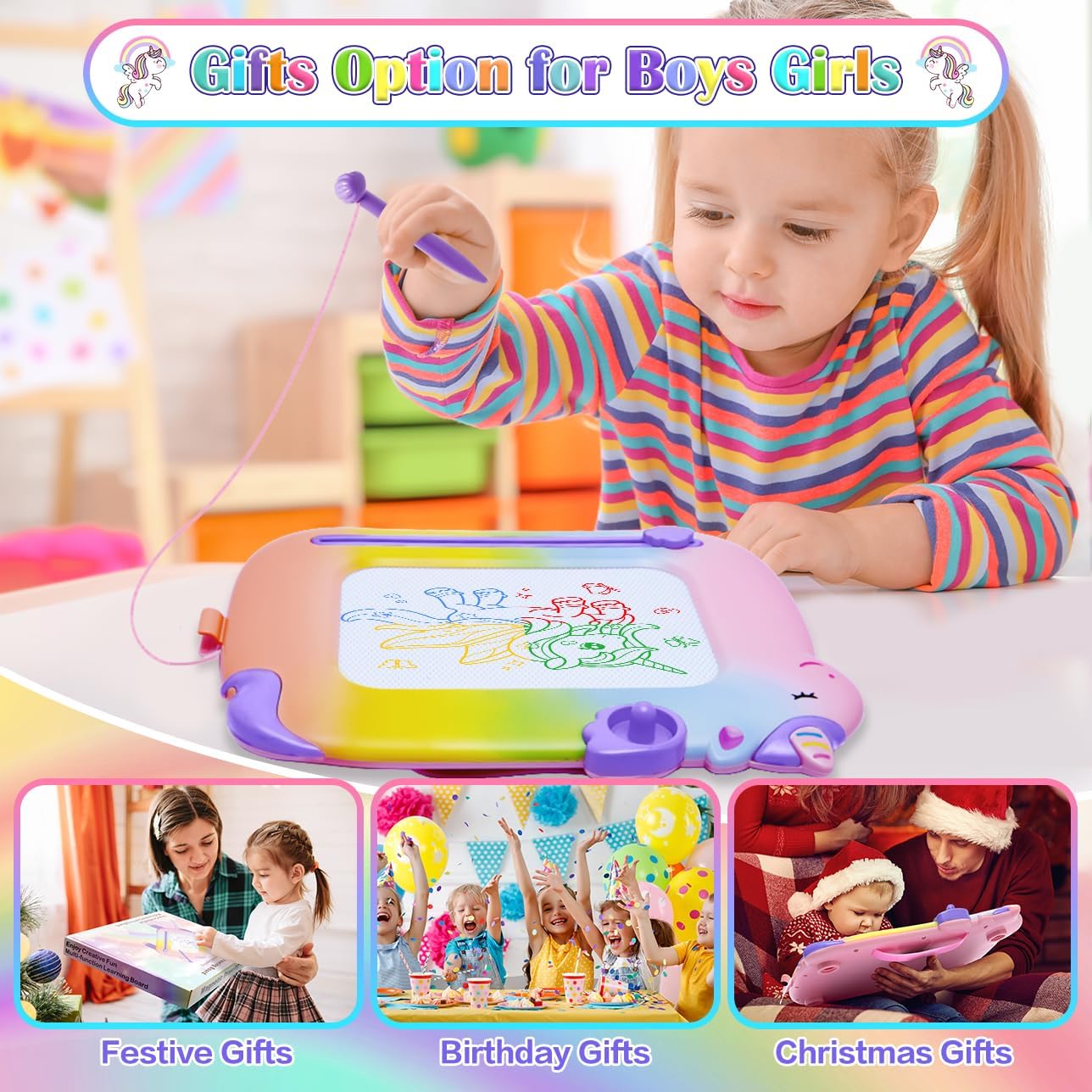**Magnetic Drawing Board for Toddlers 1-3 Years - Educational Doodle Board for Boys & Girls - Unicorn Toys for Kids - Perfect Christmas & Birthday Gift for 1, 2, 3 Year Olds - Ideal for Home, Travel & Preschool Learning**