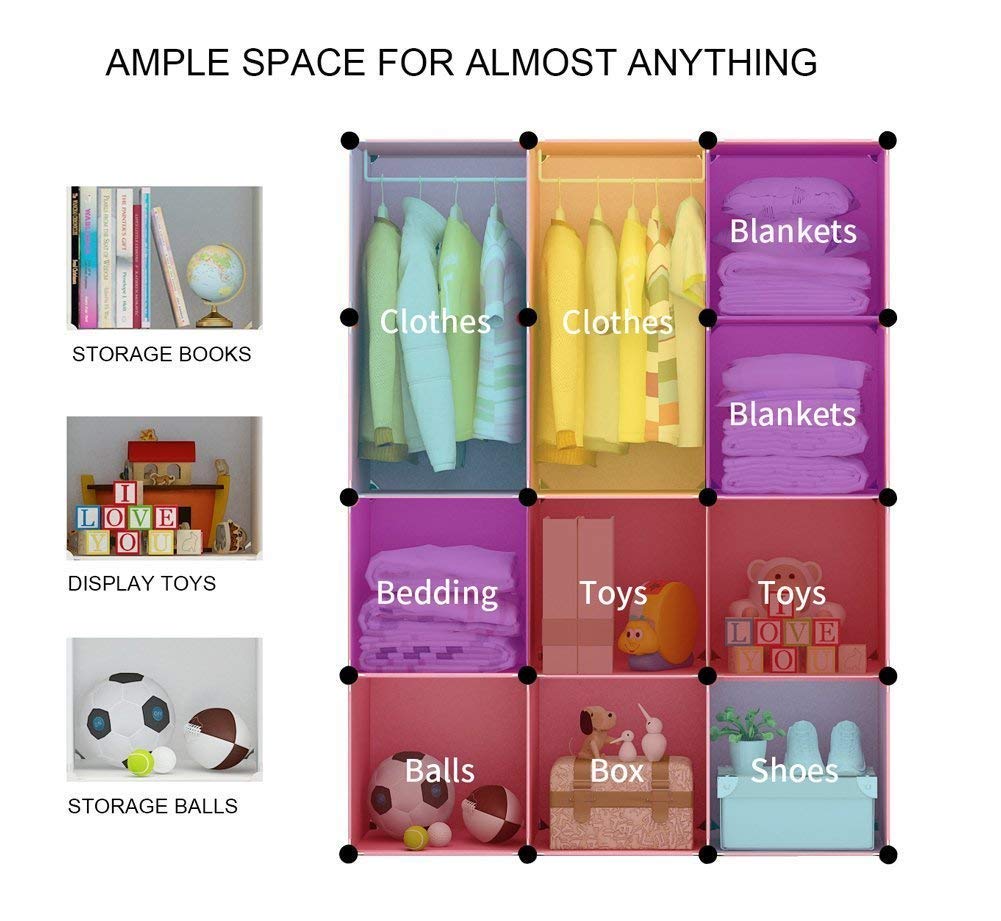 Portable Kids Closet Organizer - 8-Cube & 2-Hanging Section DIY Storage Wardrobe for Children | 30% Deeper Space, Sturdy & Safe Pink Clothes Storage | Perfect for Bedroom, Nursery, and Playroom Organization