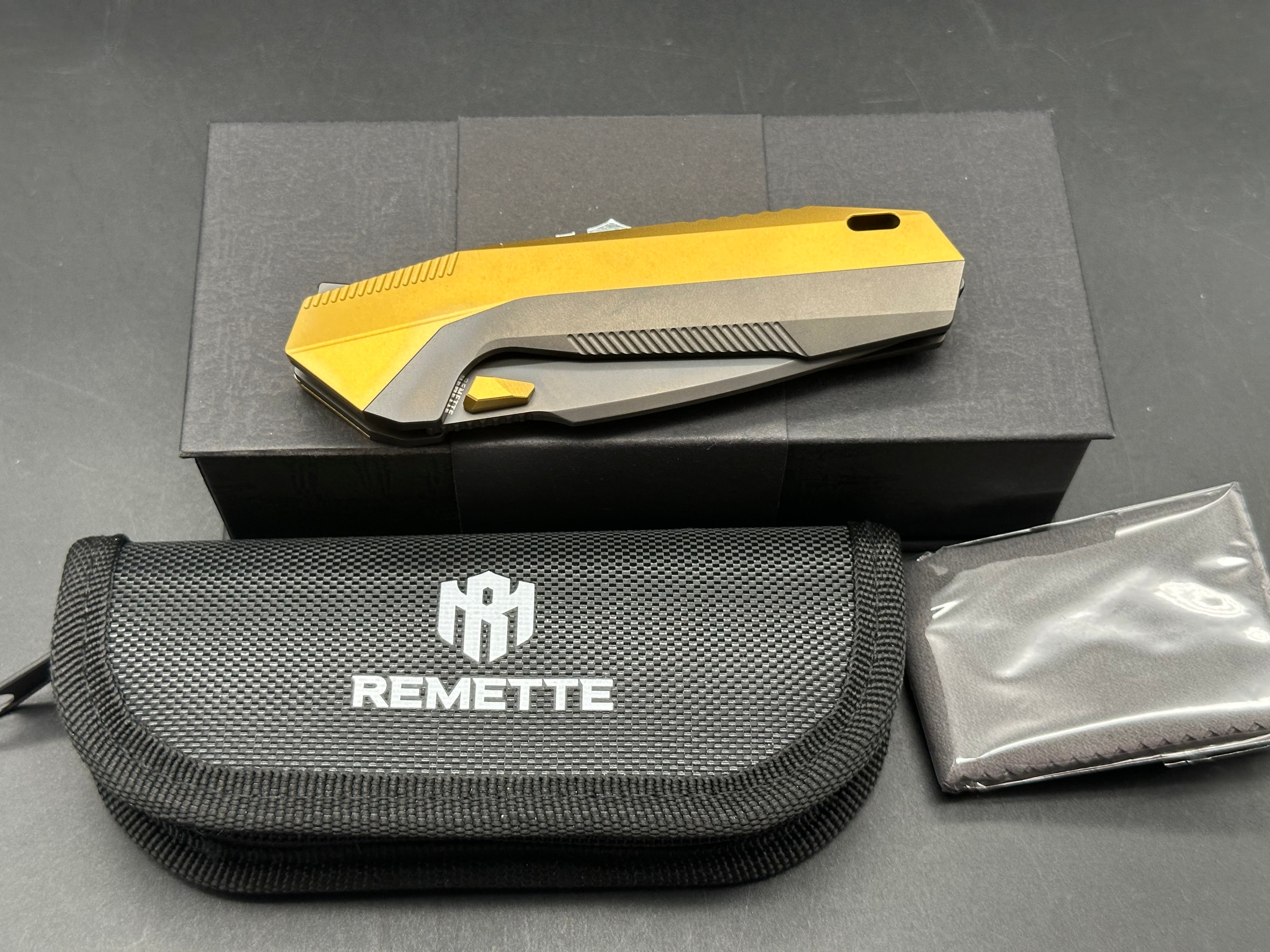 REMETTE RT WK1 G Folding Pocket Knife - Black DLC/Gold Titanium Handle, M390 Steel Drop Point Blade - EDC, Camping, Hunting & Outdoor Survival Tool