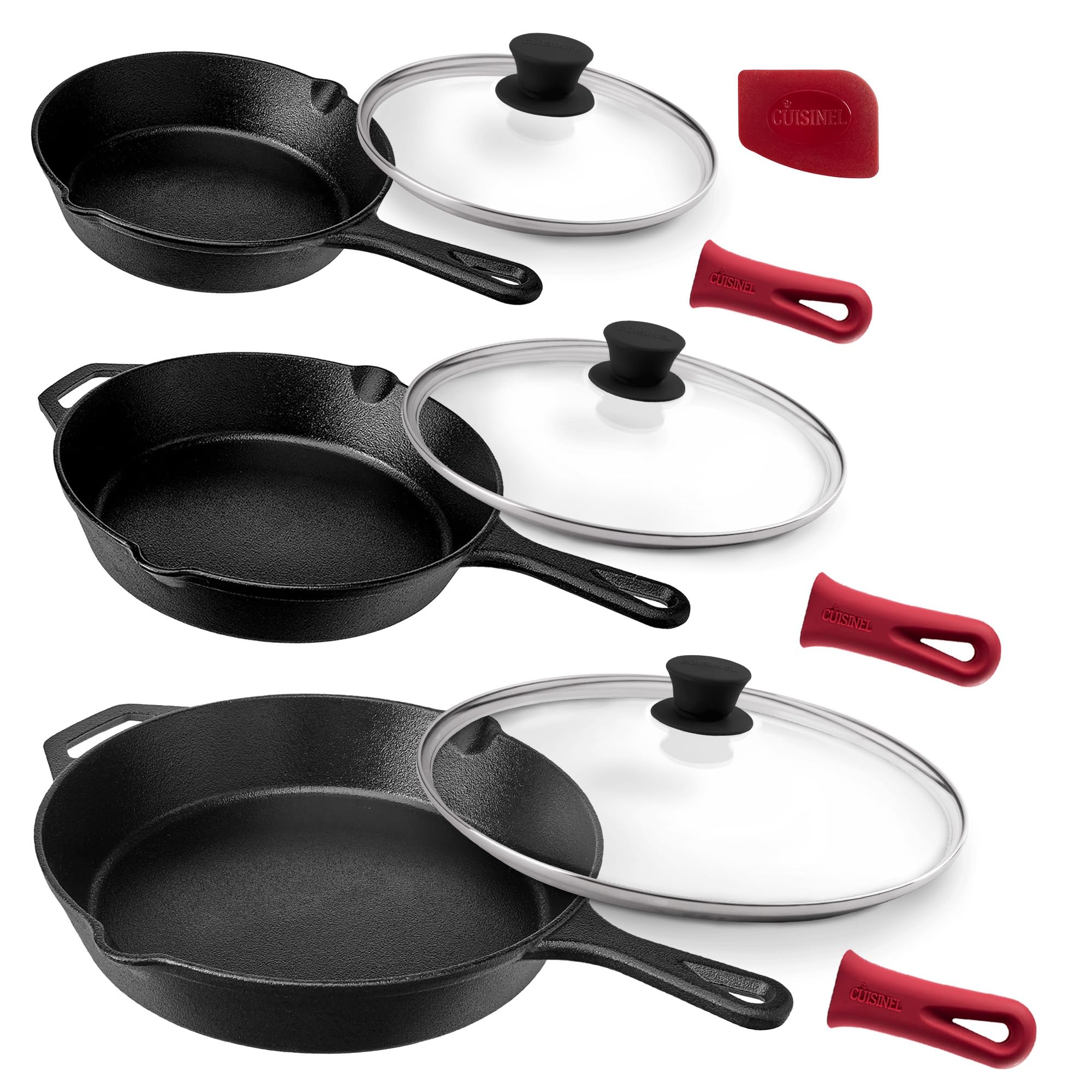 Premium Cuisinel Cast Iron Skillet Set with Glass Lids - 8