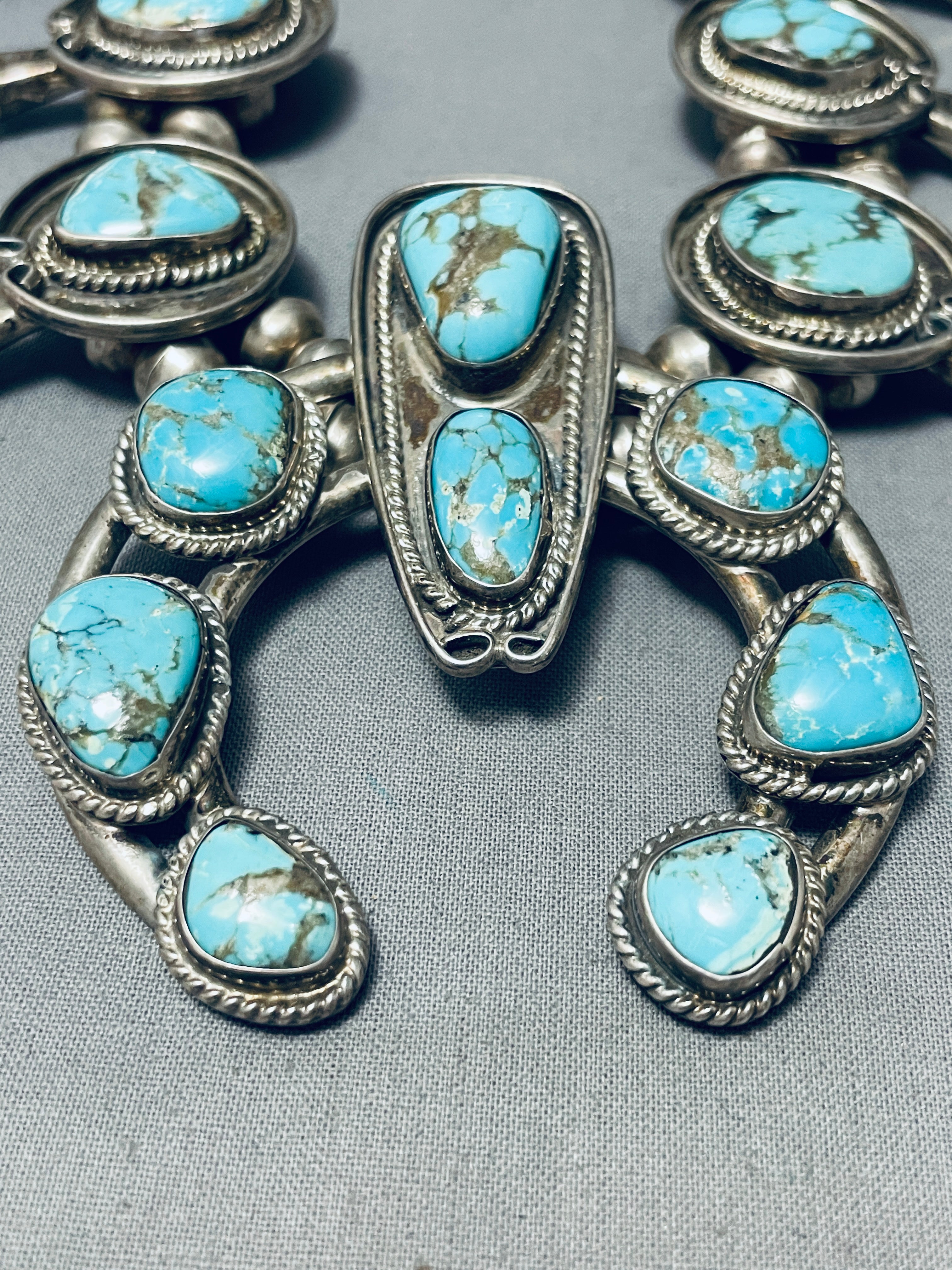 Authentic Vintage Navajo Sterling Silver Squash Blossom Necklace with Turquoise - 200g Handmade Native American Jewelry for Women - Perfect for Boho Fashion, Weddings & Special Occasions