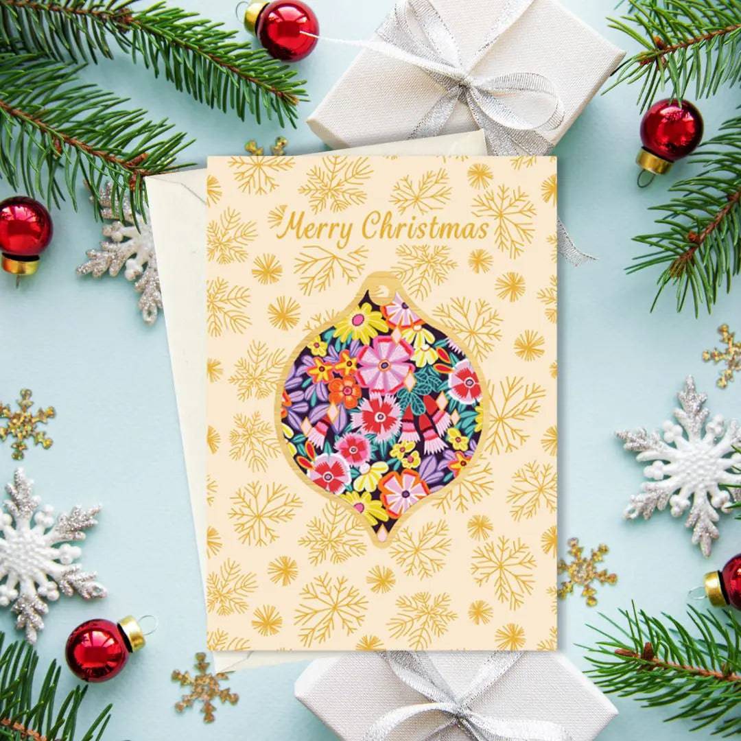 Christmas Greeting Card with Wooden Ornament - Floral Holiday Decor for Tree, Gift, and Festive Home Decoration