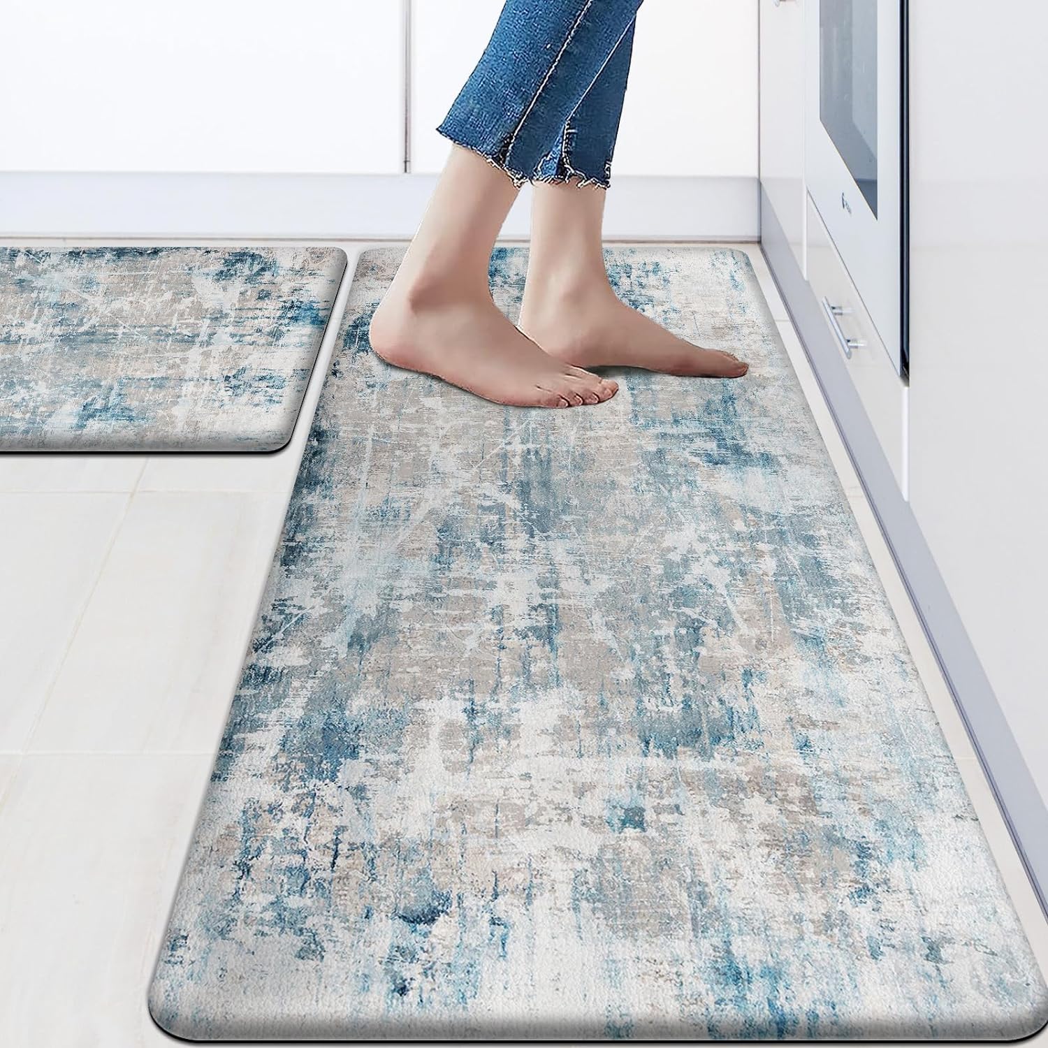 OTOB Anti-Fatigue Kitchen Mat Set of 2 - Non-Slip Waterproof Memory Foam Floor Mats for Sink & Laundry Room - Cushioned Comfort for Standing, Modern Abstract Design in Blue - Perfect for Cooking, Dishwashing & Long Work Hours