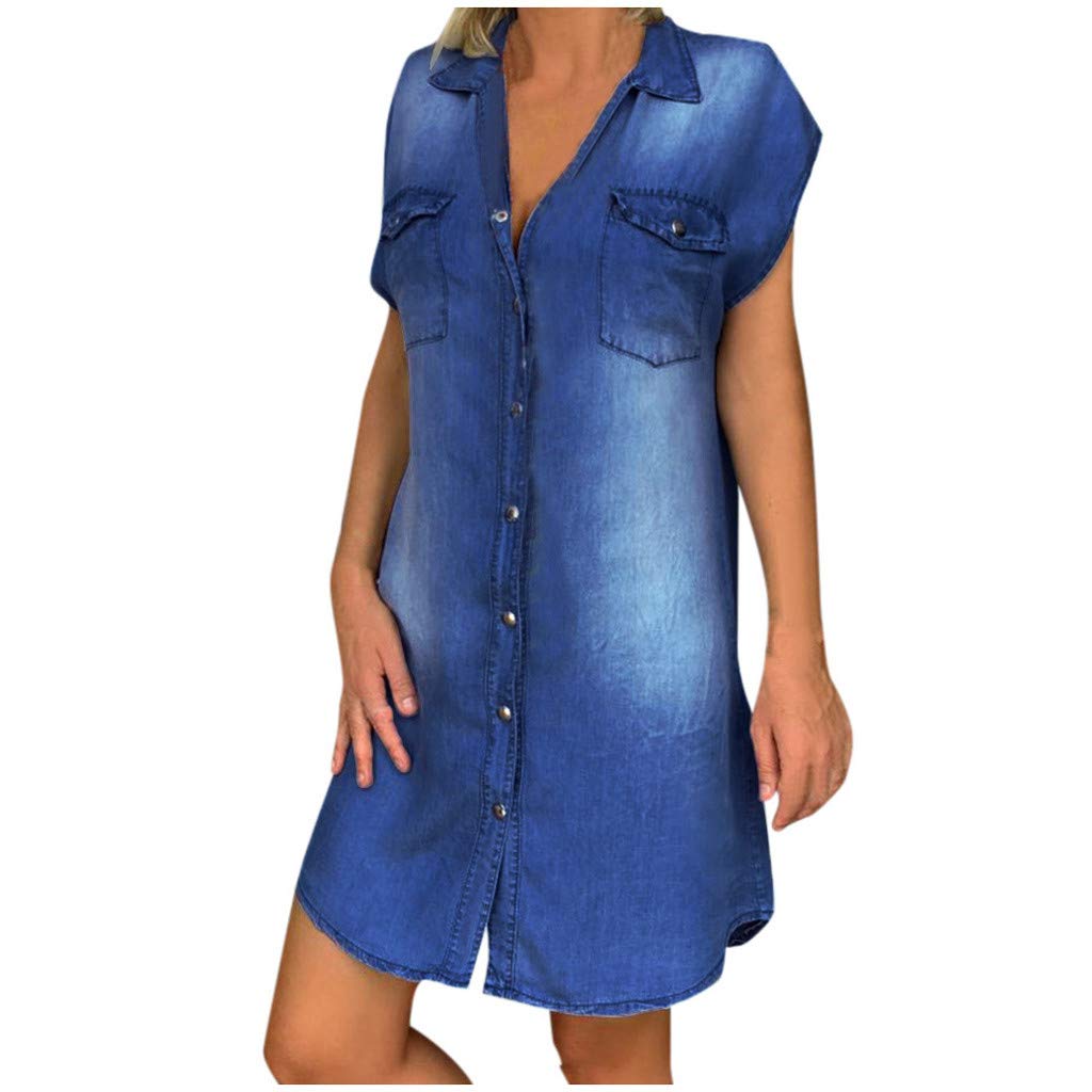 Vintage Women's Blue Denim Shirt Dress - Short Sleeve Button Up Shift Dress for Casual Outings, Summer Wear & Boho Style Fashion