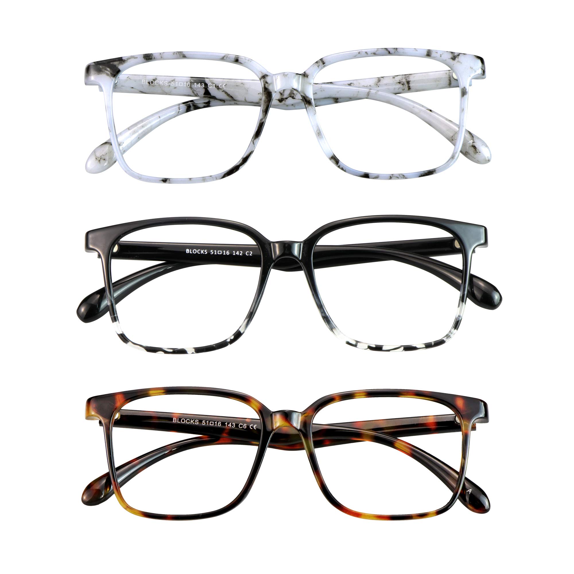 Blue Light Blocking Glasses 3 Pack - Square Frame Computer Gaming & Reading Glasses for Men & Women - Anti Eyestrain & UV Protection - Perfect for Office Work, Late Night Screen Time & Digital Eye Strain Relief