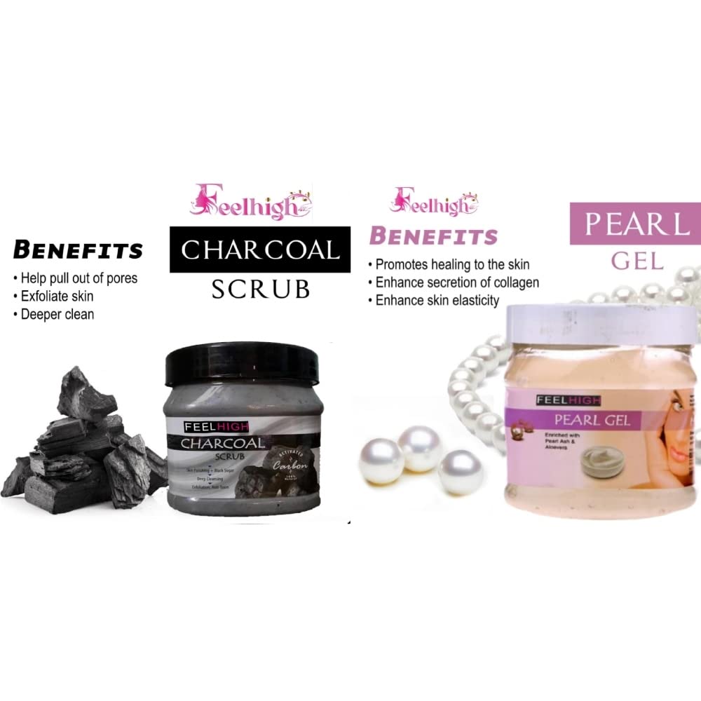 Feelhigh Charcoal Face & Body Scrub with Pearl Gel - 2-Piece Skincare Set for Deep Cleansing & Exfoliation | Perfect for Acne-Prone & Oily Skin