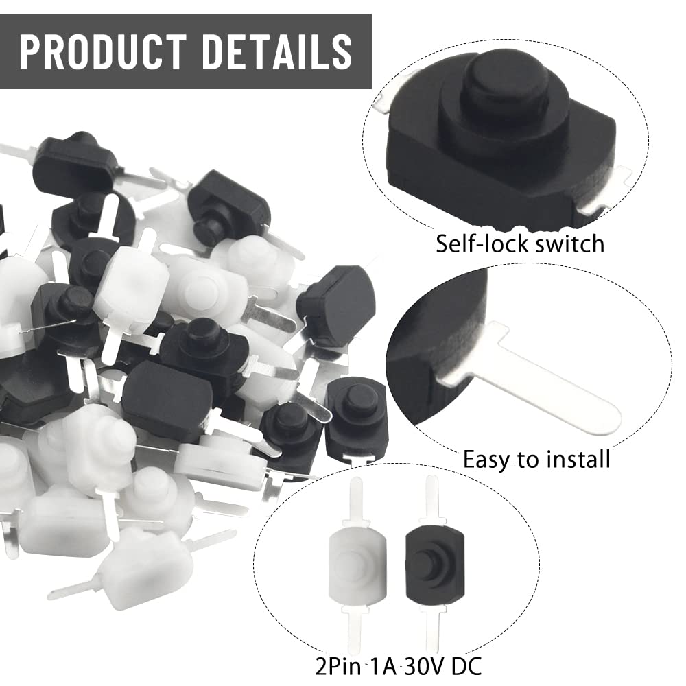 WMYCONGCONG 40 PCS Latching Push Button Switch - DC 30V 1A Self-Locking Mini On/Off Switch for Flashlights, Lamps & DIY Projects (White & Black) - Perfect for Home, Workshop & Electrical Repairs