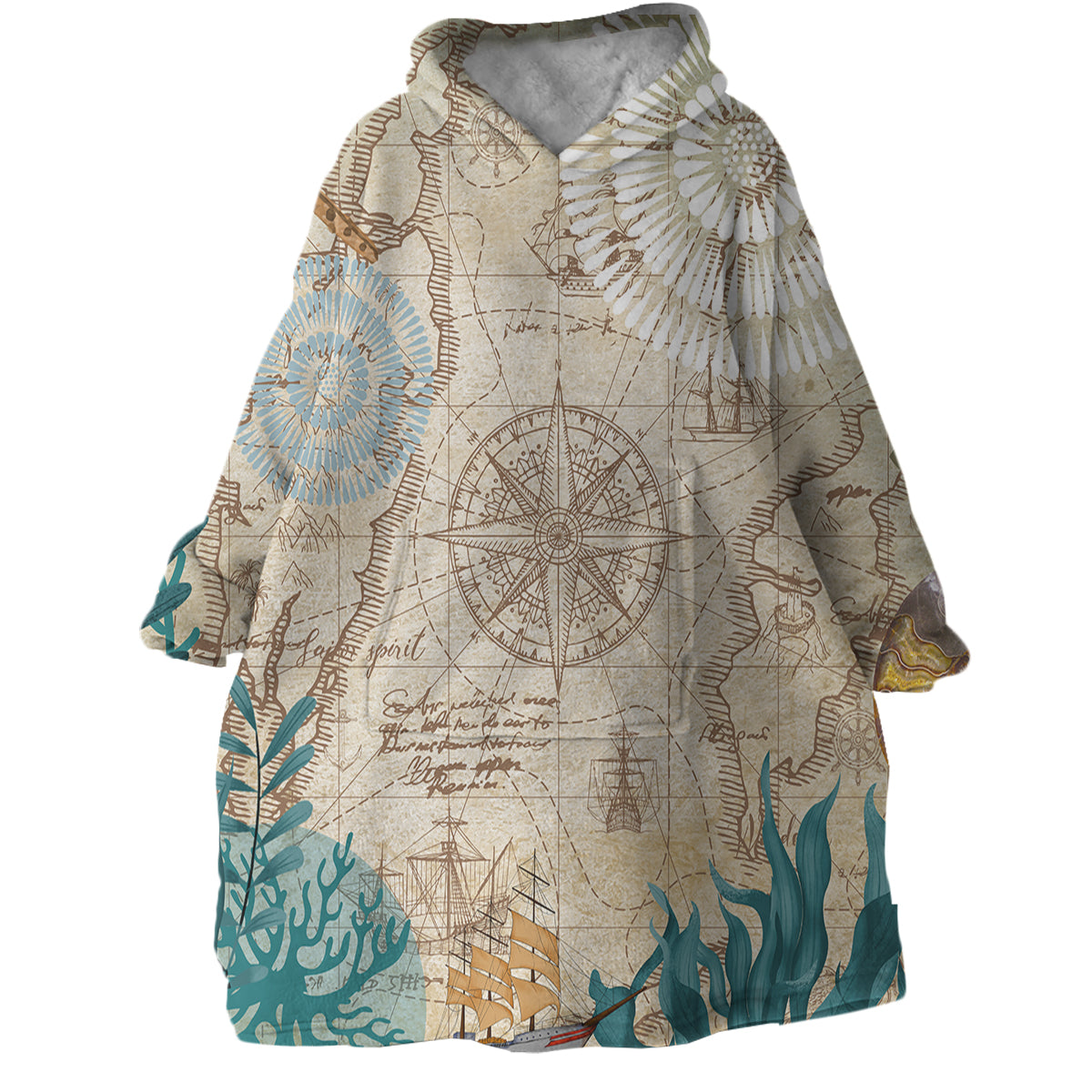 Cozy Nautical Chart Wearable Blanket Hoodie - Soft Fleece Lounge Wear for Home, Camping & Outdoor Activities